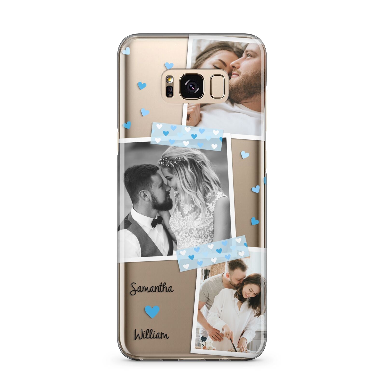 Wedding Snaps Collage with Blue Hearts and Name Samsung Galaxy S8 Plus Case