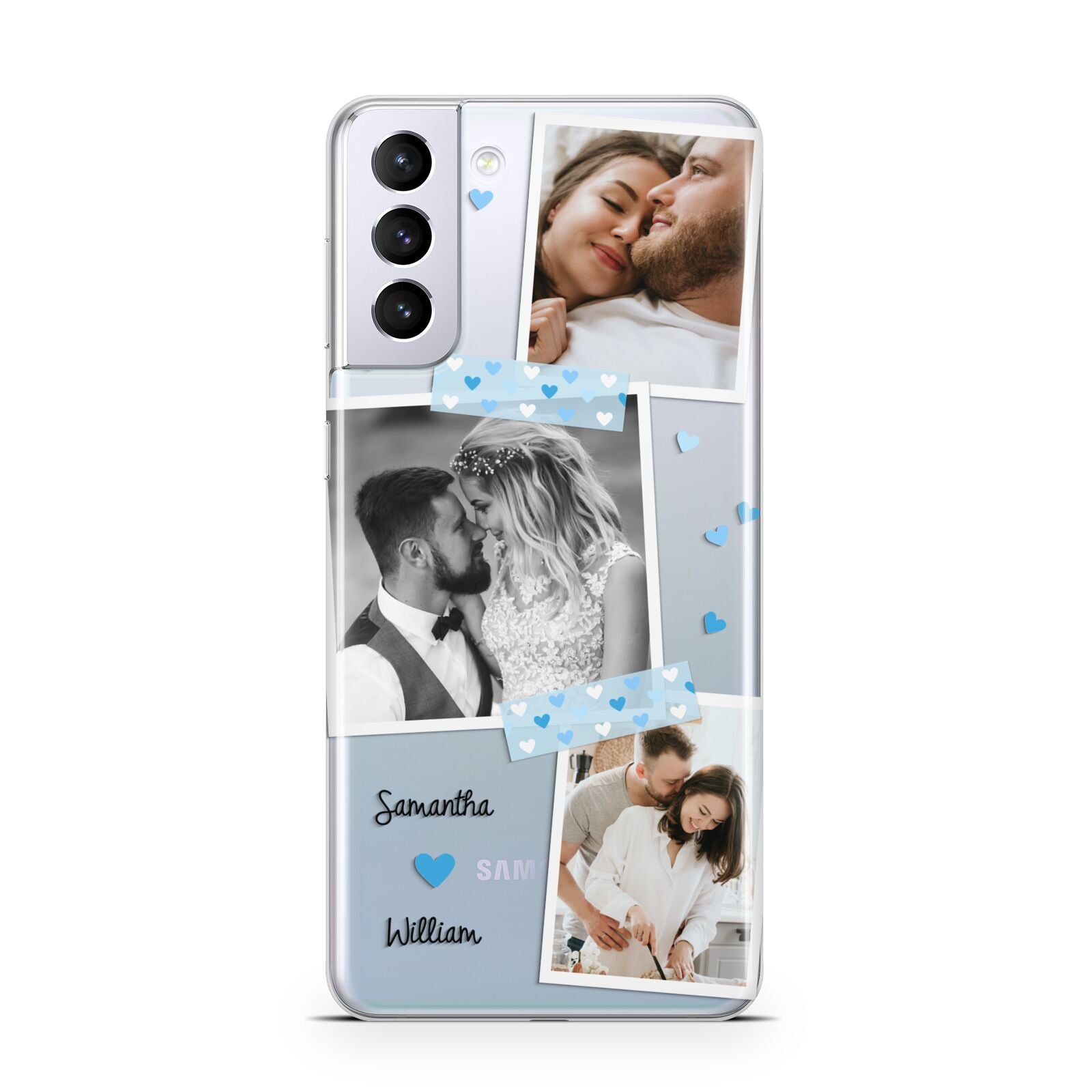 Wedding Snaps Collage with Blue Hearts and Name Samsung S21 Plus Phone Case