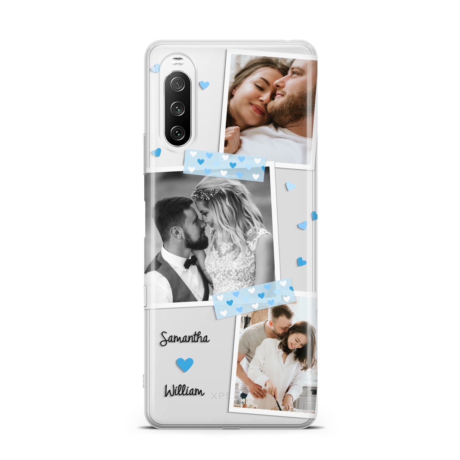 Wedding Snaps Collage with Blue Hearts and Name Sony Xperia 10 III Case