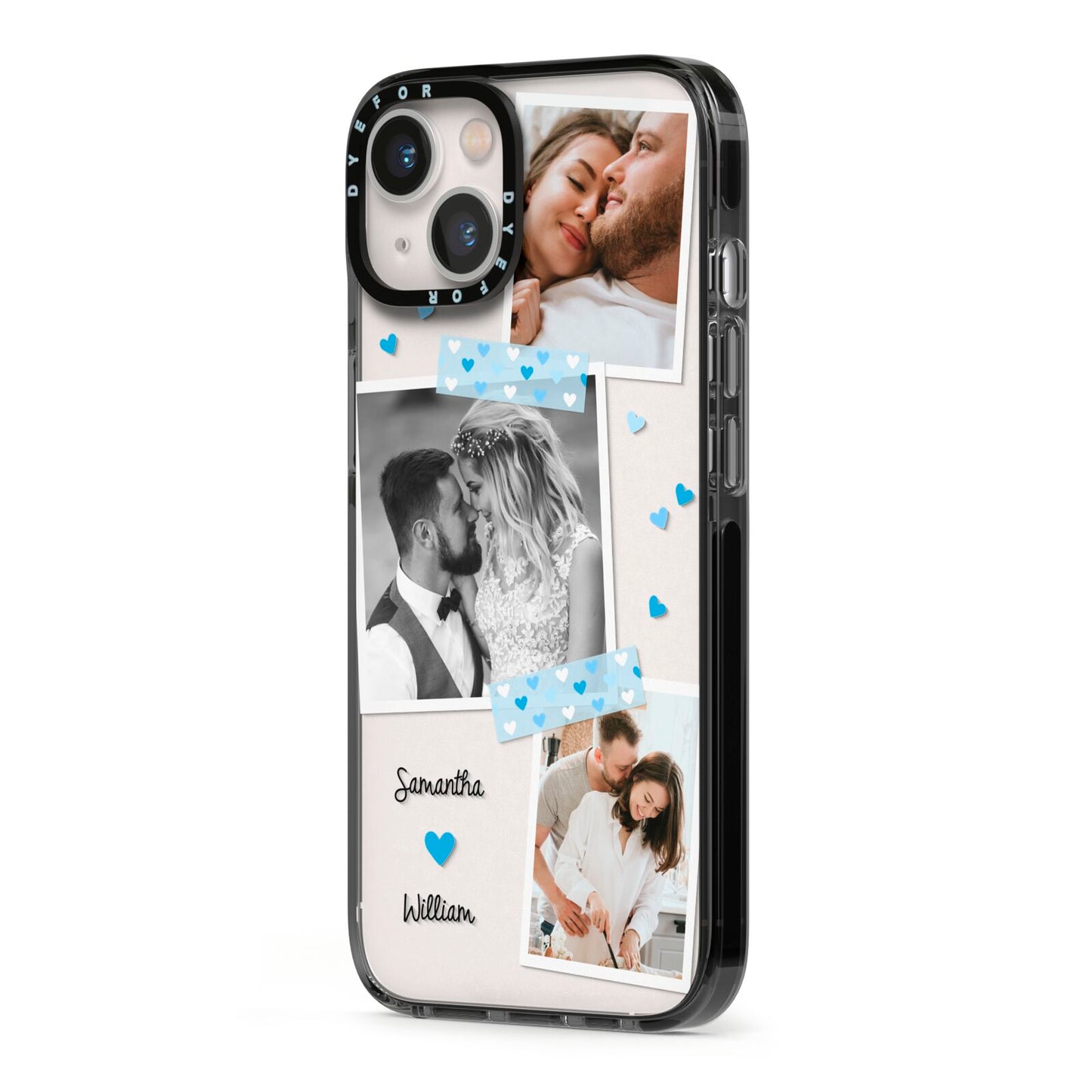 Wedding Snaps Collage with Blue Hearts and Name iPhone 13 Black Impact Case Side Angle on Silver phone