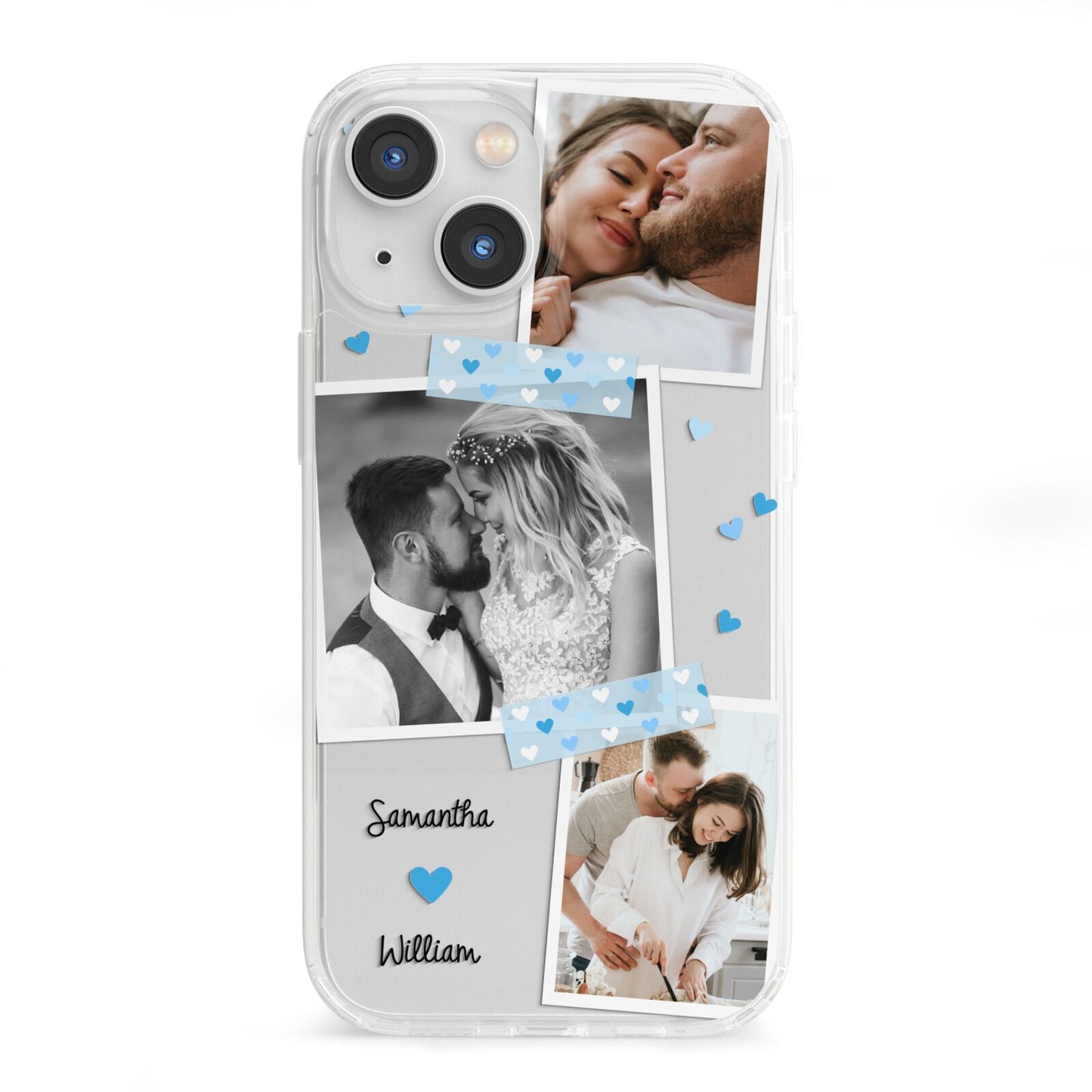 Wedding Snaps Collage with Blue Hearts and Name iPhone 13 Mini Clear Bumper Case