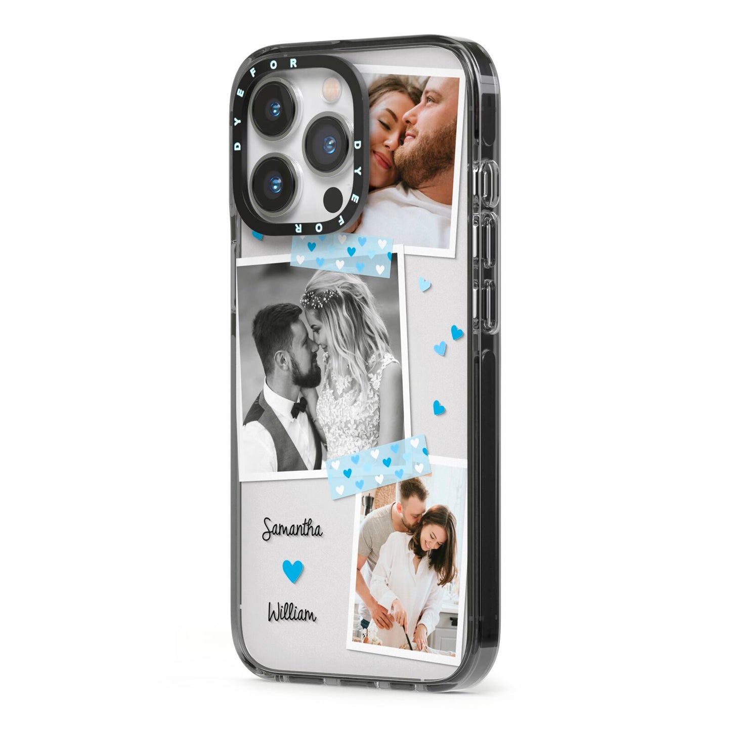 Wedding Snaps Collage with Blue Hearts and Name iPhone 13 Pro Black Impact Case Side Angle on Silver phone