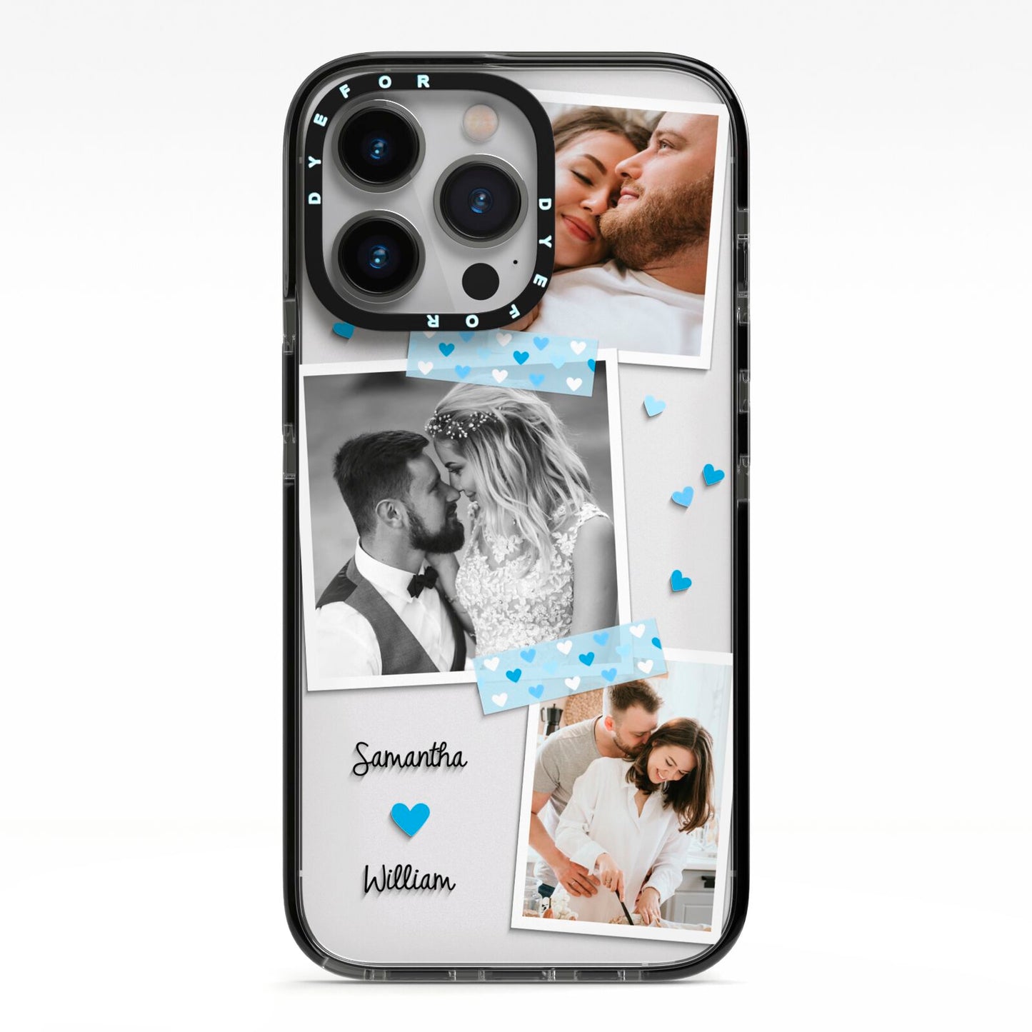 Wedding Snaps Collage with Blue Hearts and Name iPhone 13 Pro Black Impact Case on Silver phone