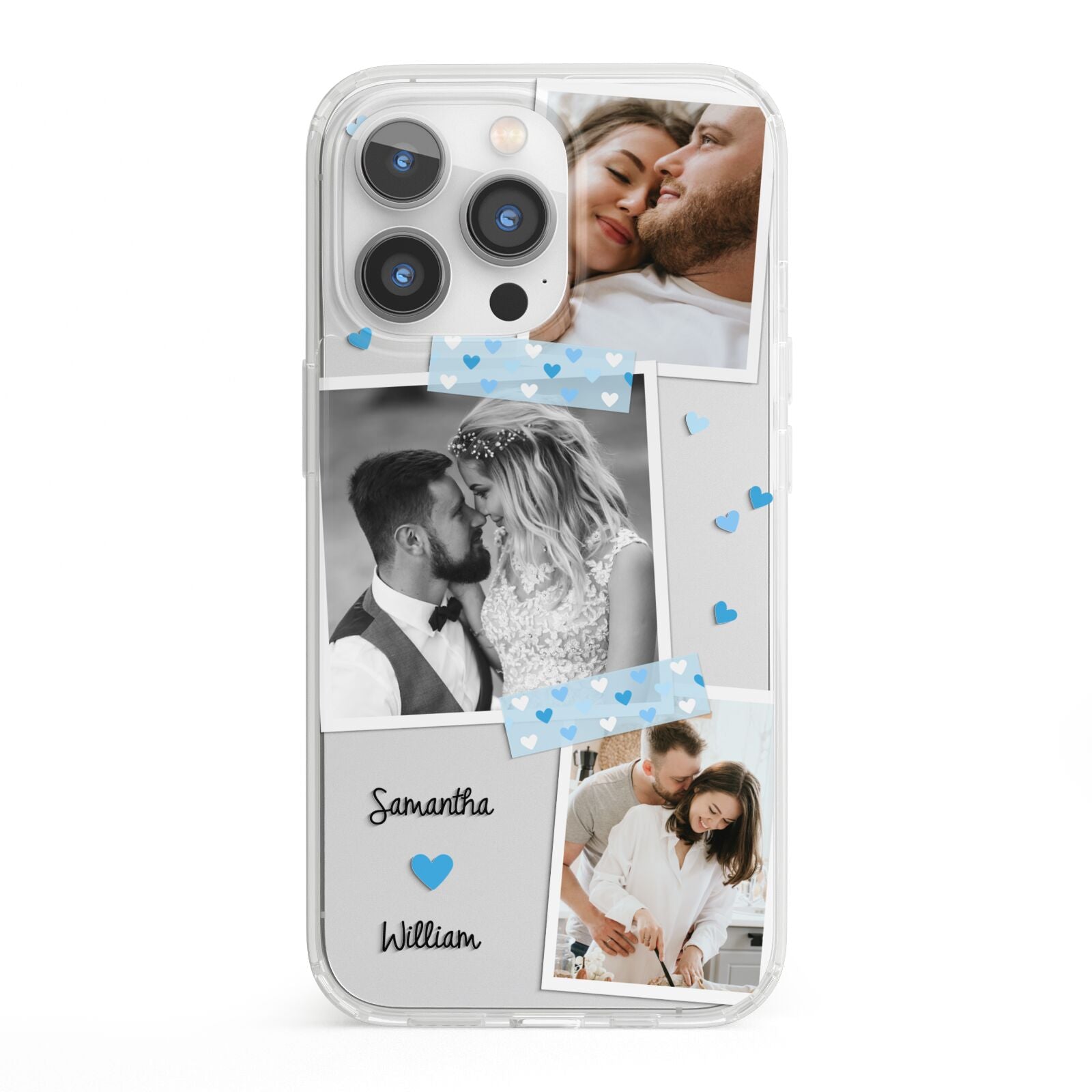 Wedding Snaps Collage with Blue Hearts and Name iPhone 13 Pro Clear Bumper Case