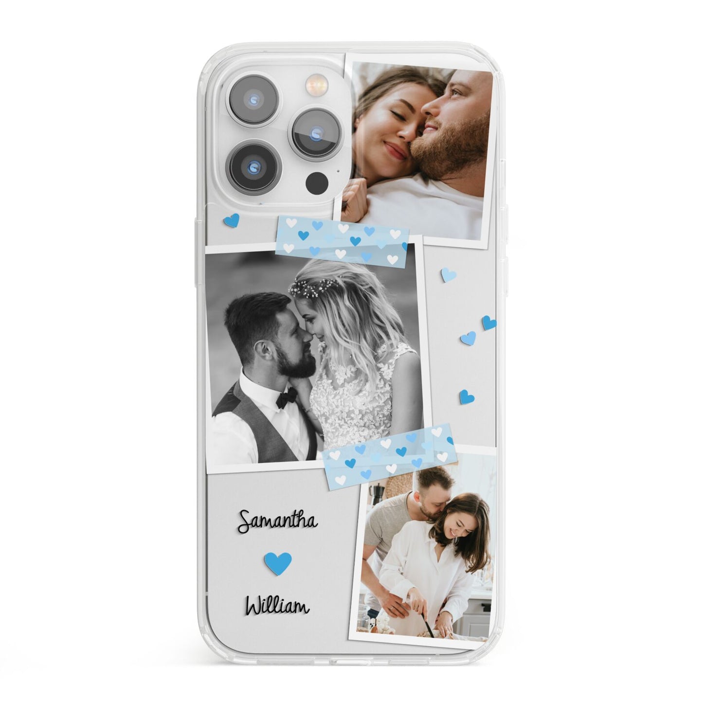 Wedding Snaps Collage with Blue Hearts and Name iPhone 13 Pro Max Clear Bumper Case