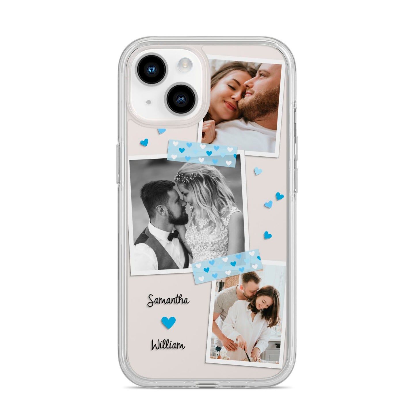 Wedding Snaps Collage with Blue Hearts and Name iPhone 14 Clear Tough Case Starlight