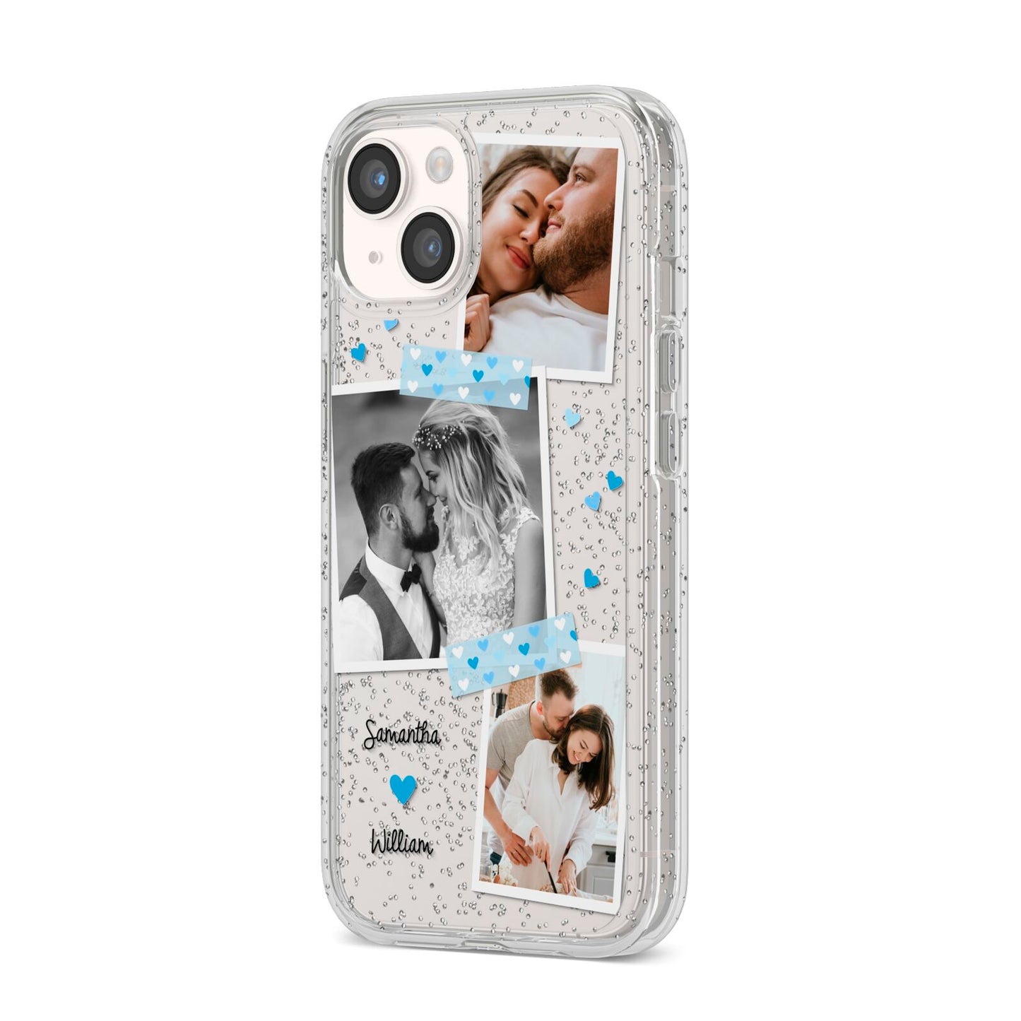 Wedding Snaps Collage with Blue Hearts and Name iPhone 14 Glitter Tough Case Starlight Angled Image