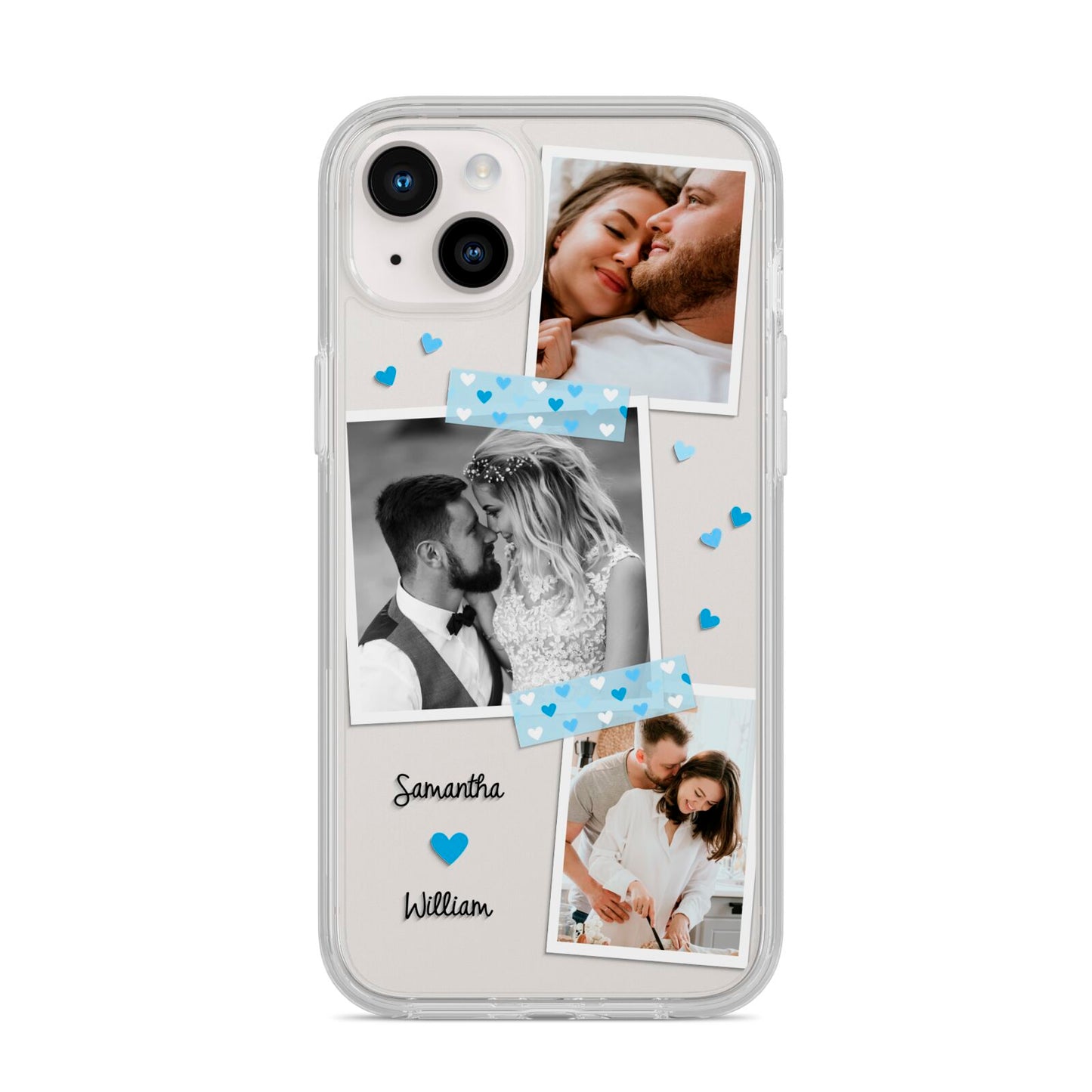 Wedding Snaps Collage with Blue Hearts and Name iPhone 14 Plus Clear Tough Case Starlight