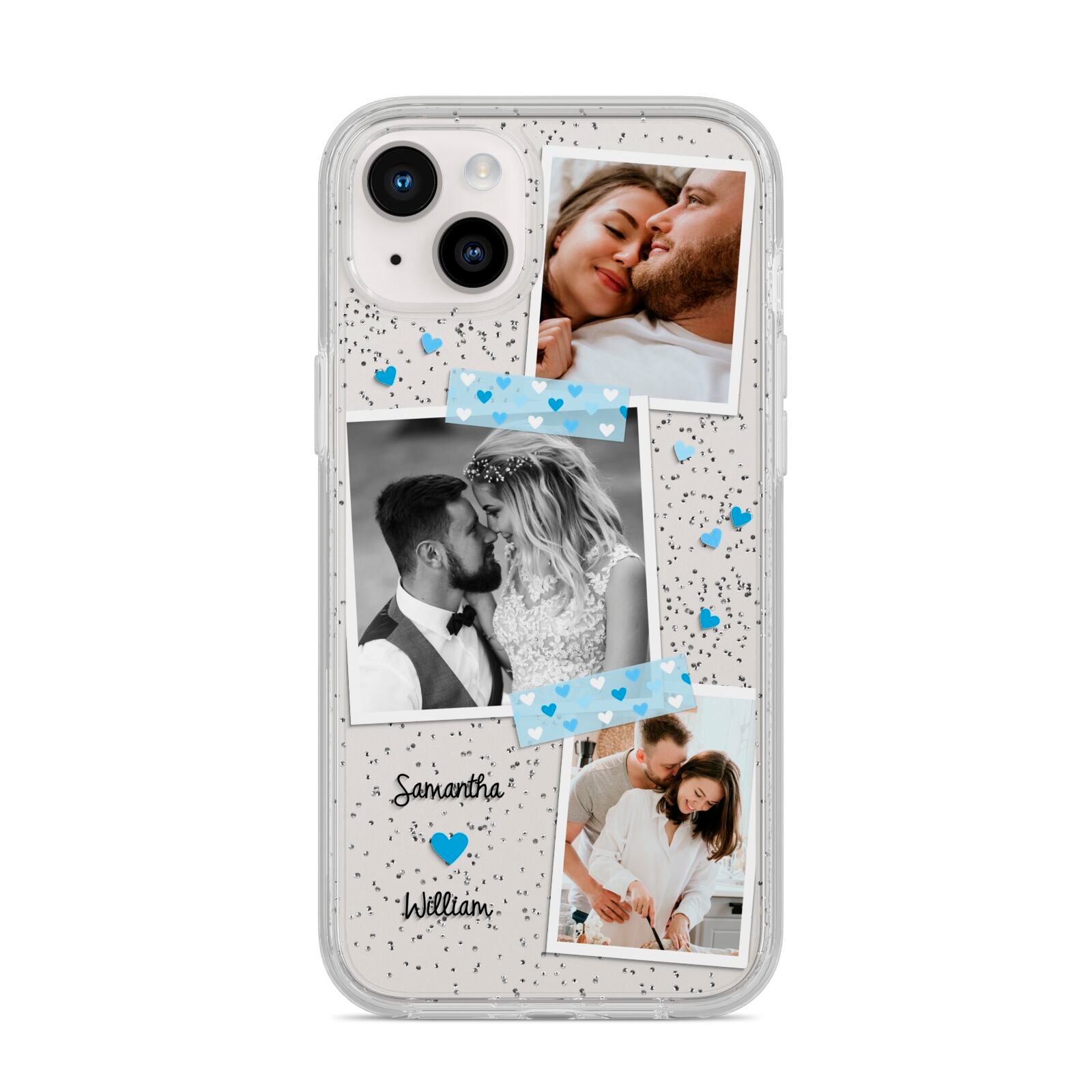 Wedding Snaps Collage with Blue Hearts and Name iPhone 14 Plus Glitter Tough Case Starlight