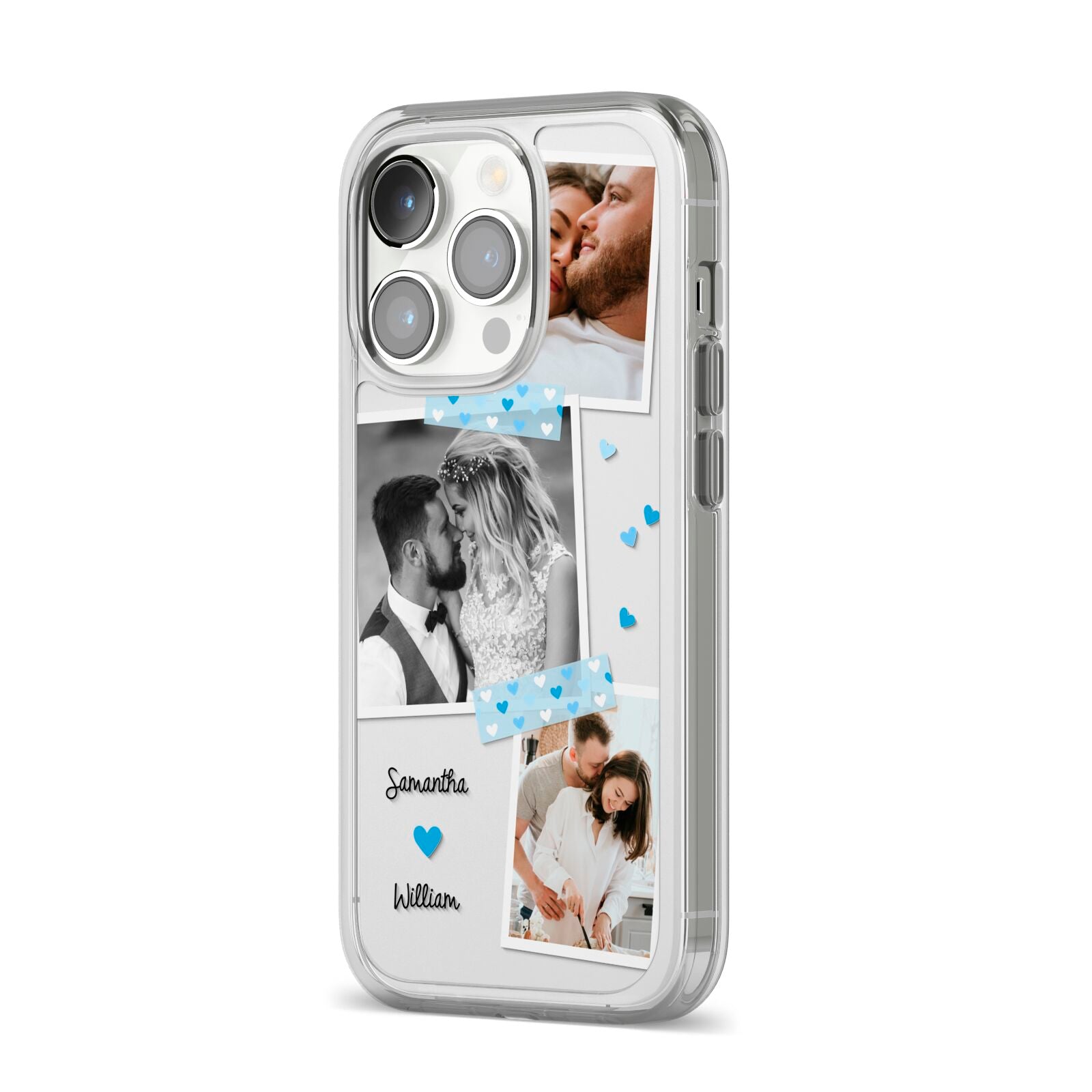 Wedding Snaps Collage with Blue Hearts and Name iPhone 14 Pro Clear Tough Case Silver Angled Image