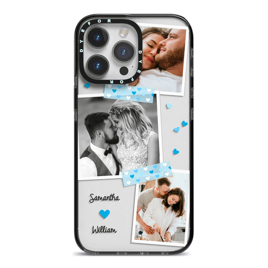 Wedding Snaps Collage with Blue Hearts and Name iPhone 14 Pro Max Black Impact Case on Silver phone