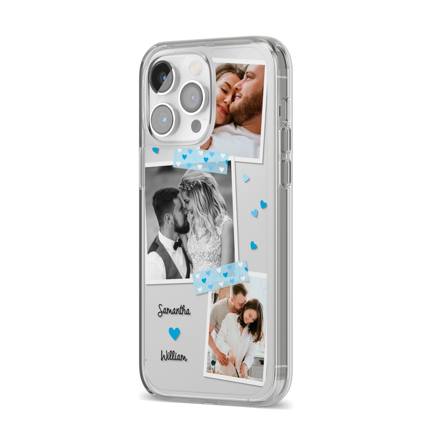Wedding Snaps Collage with Blue Hearts and Name iPhone 14 Pro Max Clear Tough Case Silver Angled Image