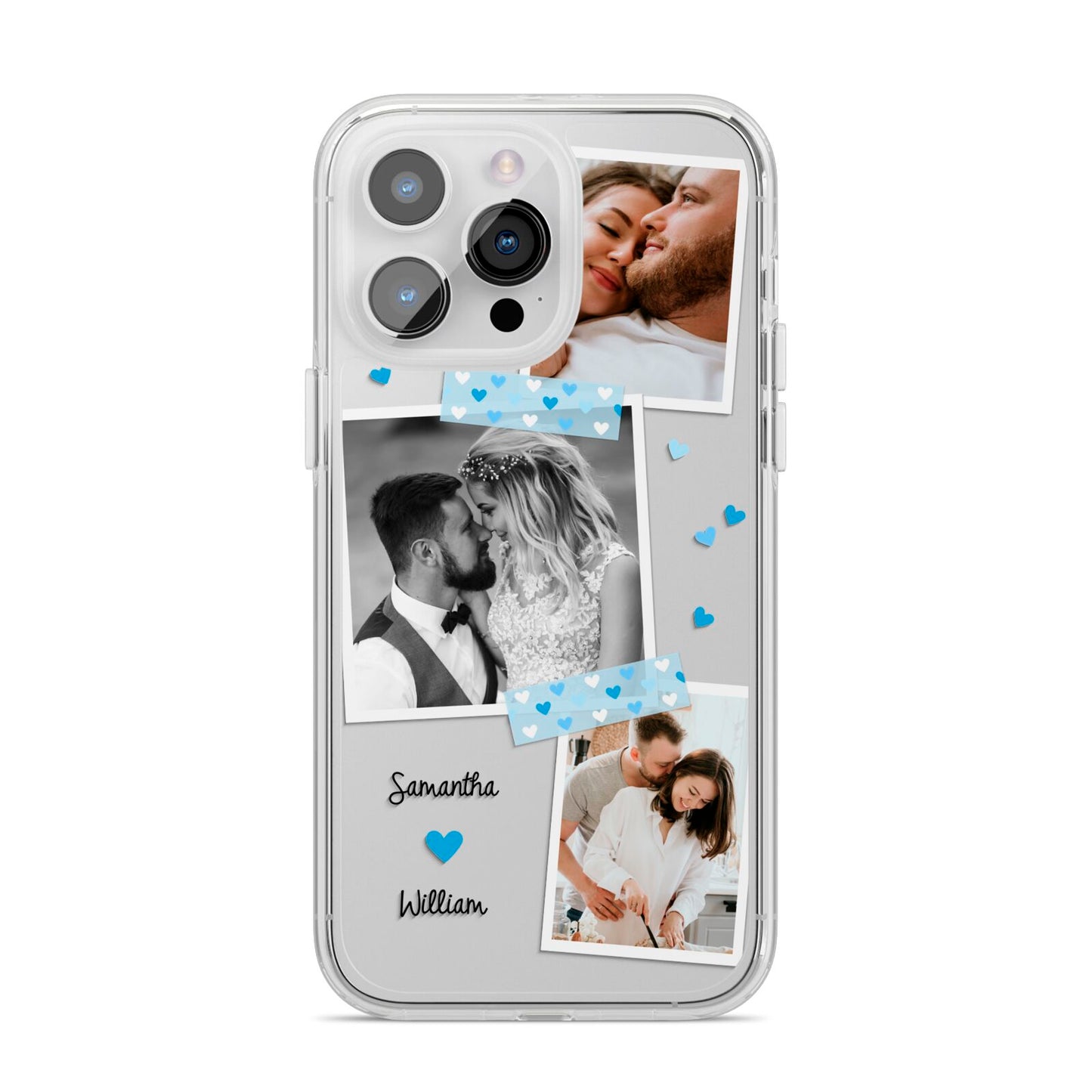 Wedding Snaps Collage with Blue Hearts and Name iPhone 14 Pro Max Clear Tough Case Silver