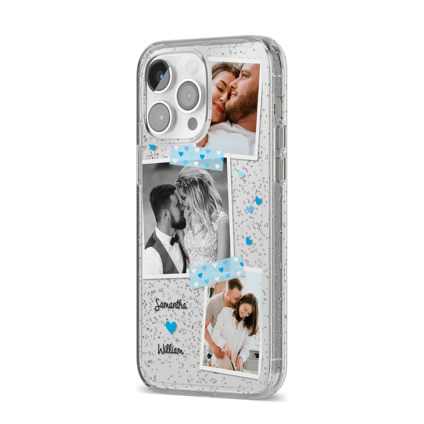 Wedding Snaps Collage with Blue Hearts and Name iPhone 14 Pro Max Glitter Tough Case Silver Angled Image