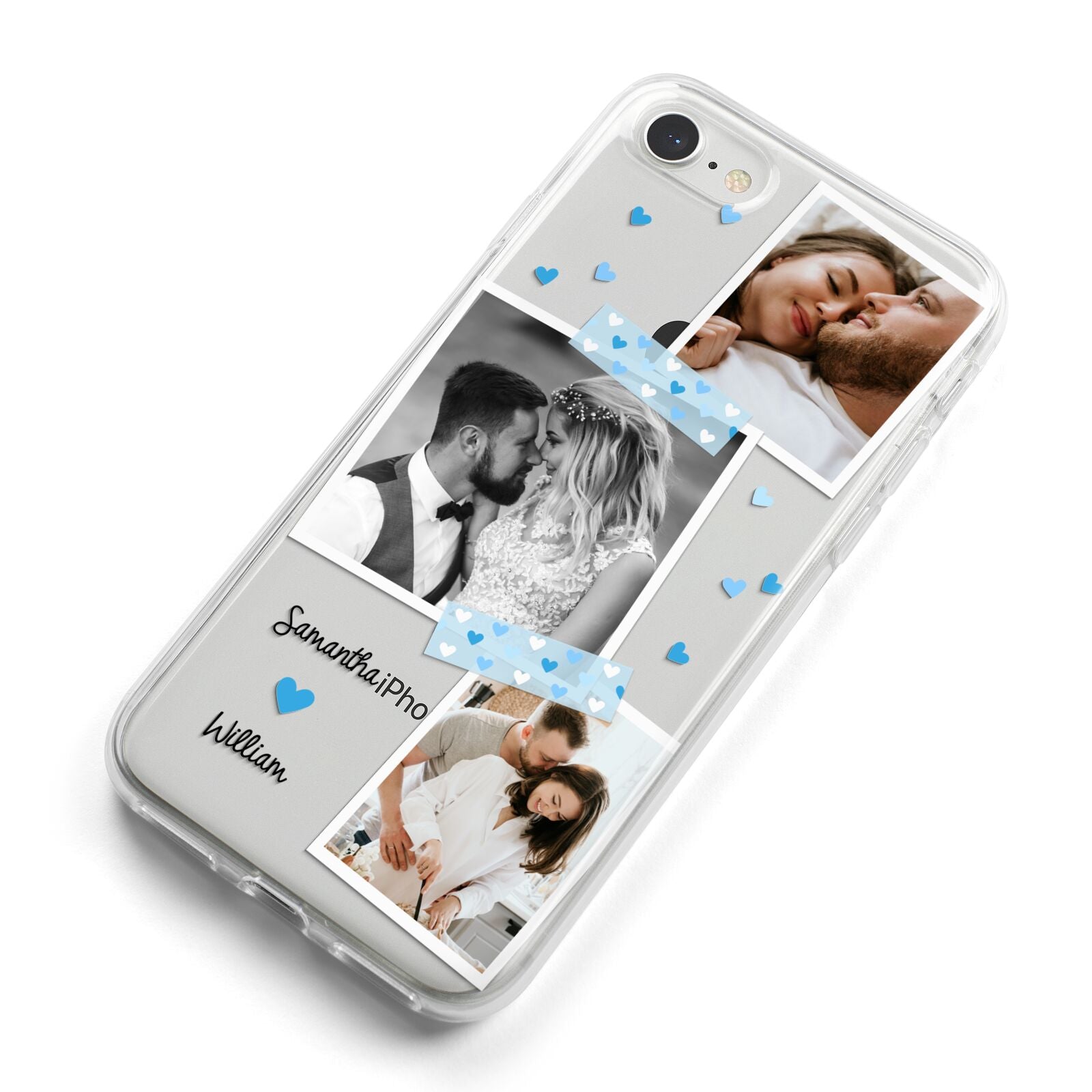 Wedding Snaps Collage with Blue Hearts and Name iPhone 8 Bumper Case on Silver iPhone Alternative Image