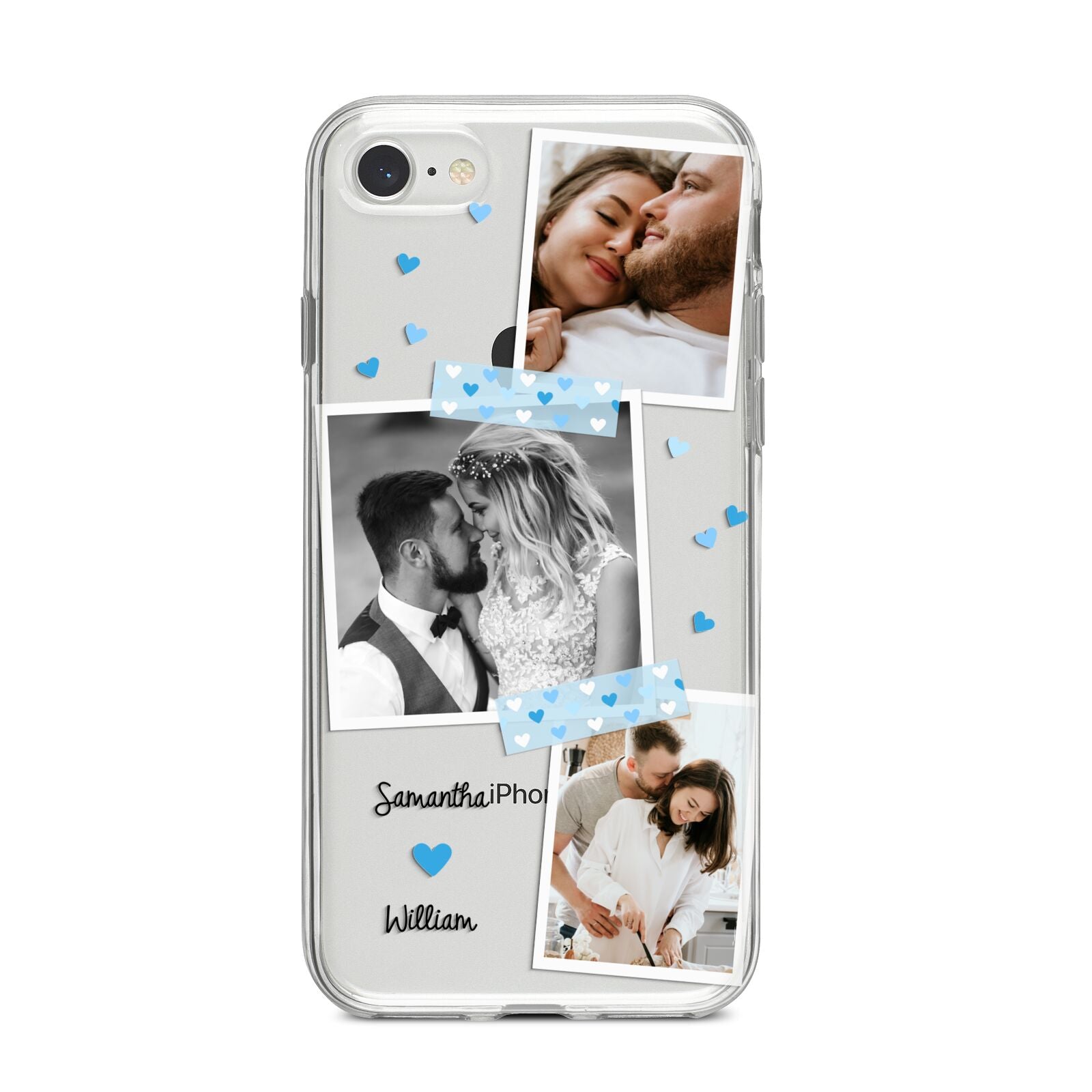 Wedding Snaps Collage with Blue Hearts and Name iPhone 8 Bumper Case on Silver iPhone