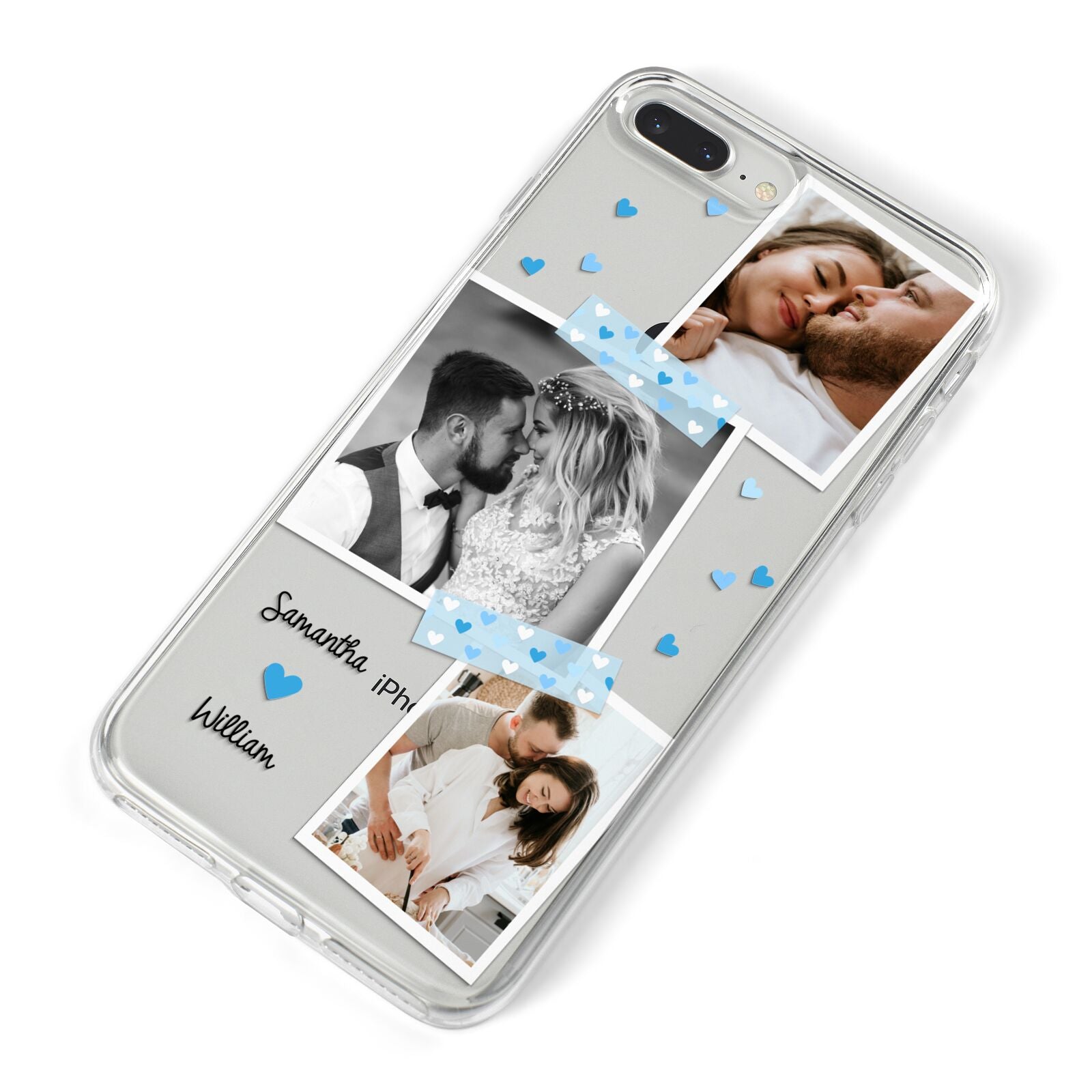 Wedding Snaps Collage with Blue Hearts and Name iPhone 8 Plus Bumper Case on Silver iPhone Alternative Image