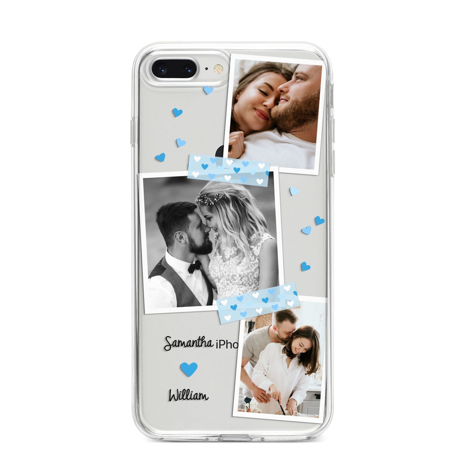 Wedding Snaps Collage with Blue Hearts and Name iPhone 8 Plus Bumper Case on Silver iPhone