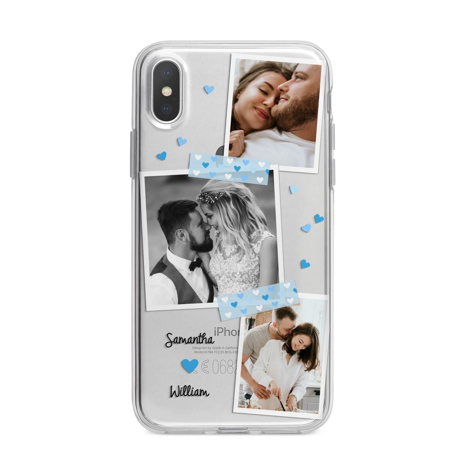 Wedding Snaps Collage with Blue Hearts and Name iPhone X Bumper Case on Silver iPhone Alternative Image 1