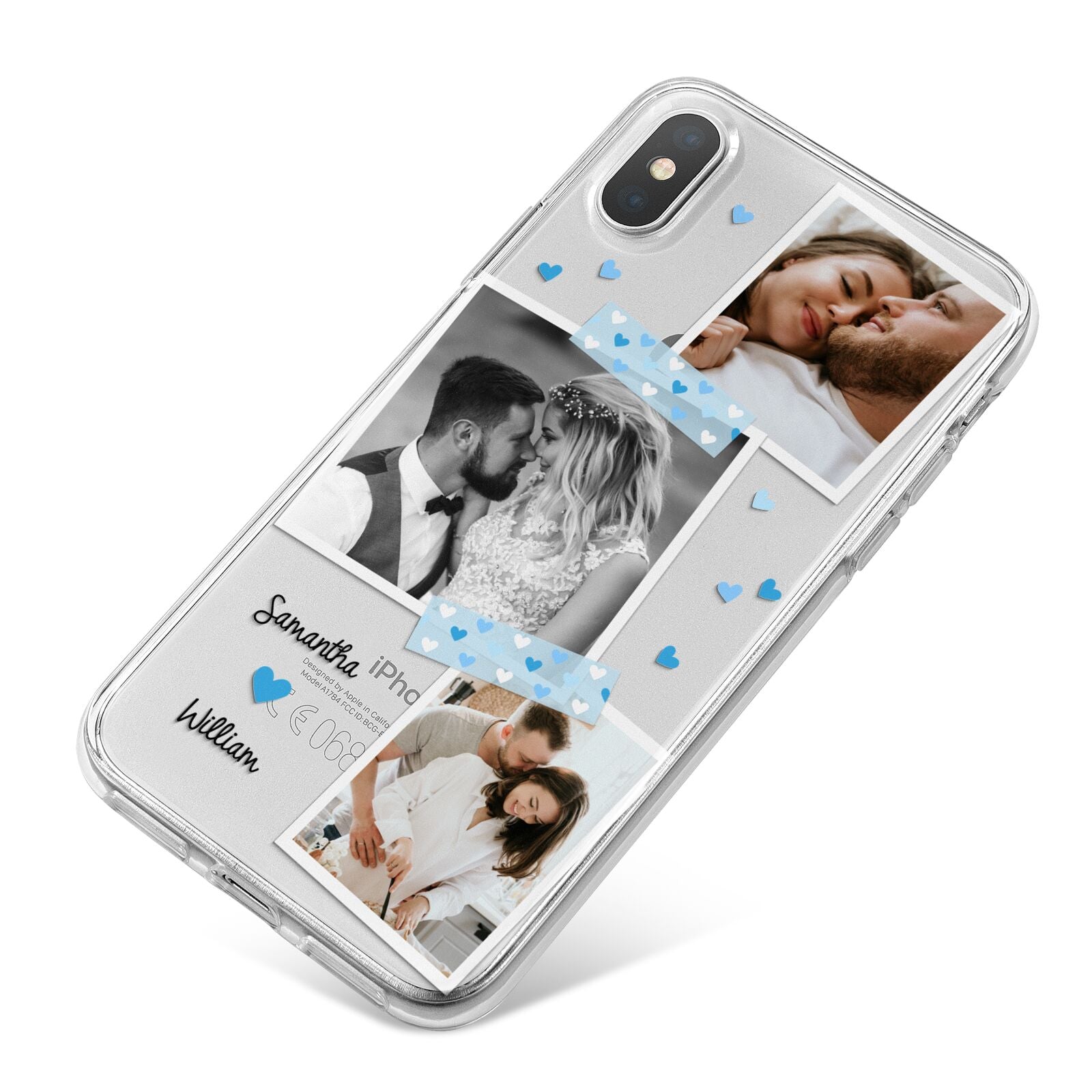 Wedding Snaps Collage with Blue Hearts and Name iPhone X Bumper Case on Silver iPhone