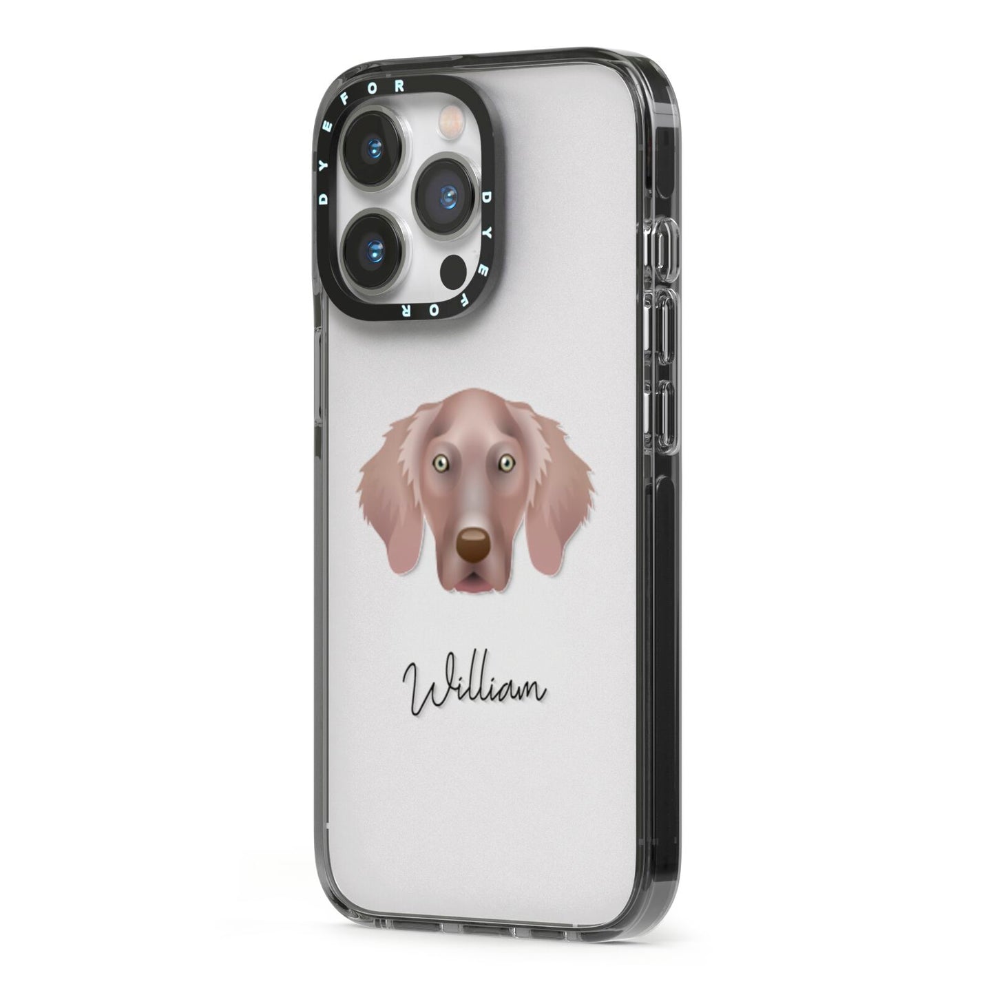Weimaraner Personalised iPhone 13 Pro Black Impact Case Side Angle on Silver phone