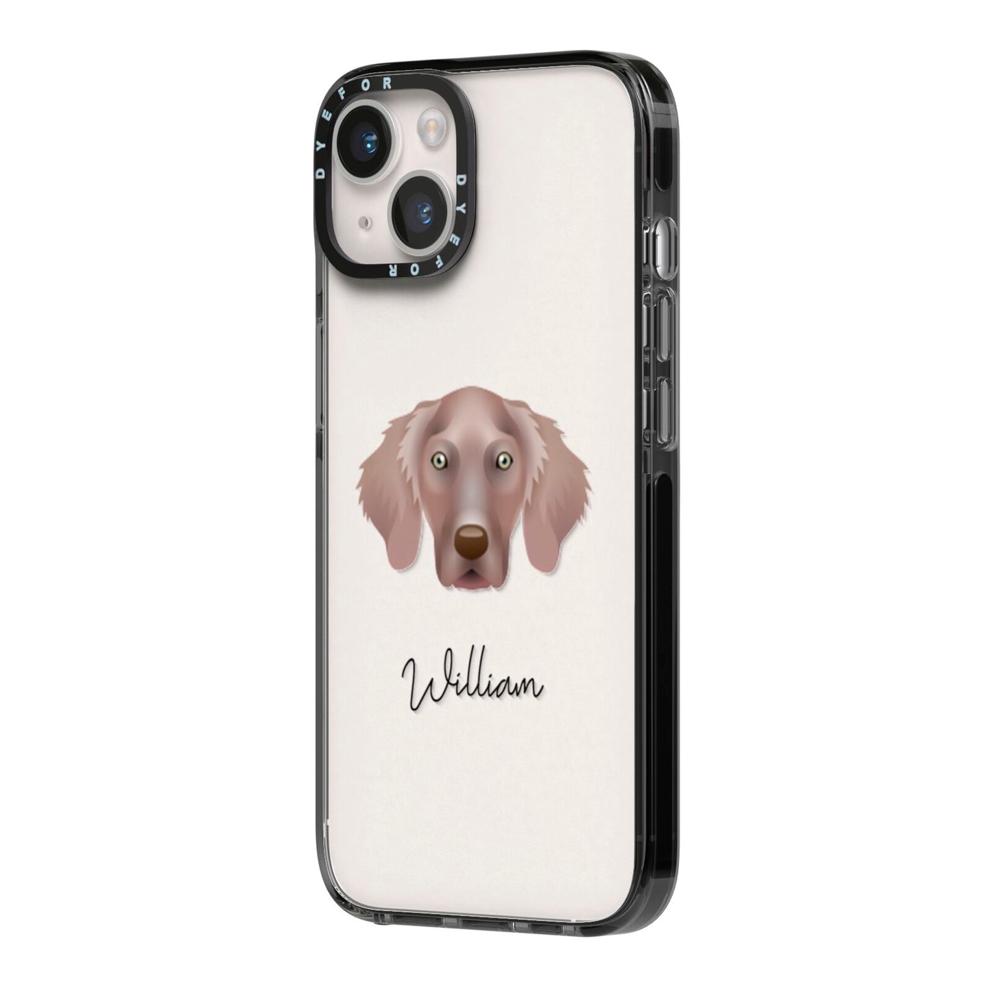 Weimaraner Personalised iPhone 14 Black Impact Case Side Angle on Silver phone