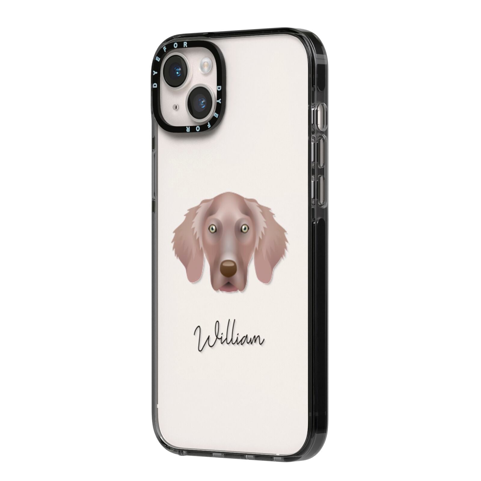 Weimaraner Personalised iPhone 14 Plus Black Impact Case Side Angle on Silver phone