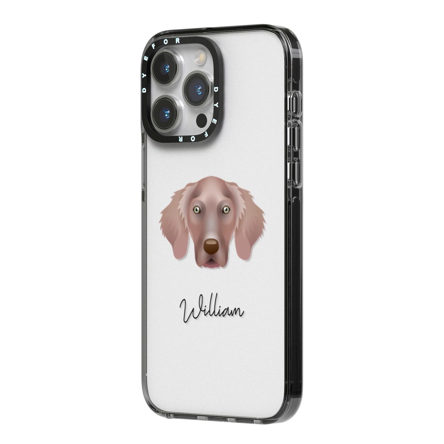 Weimaraner Personalised iPhone 14 Pro Max Black Impact Case Side Angle on Silver phone
