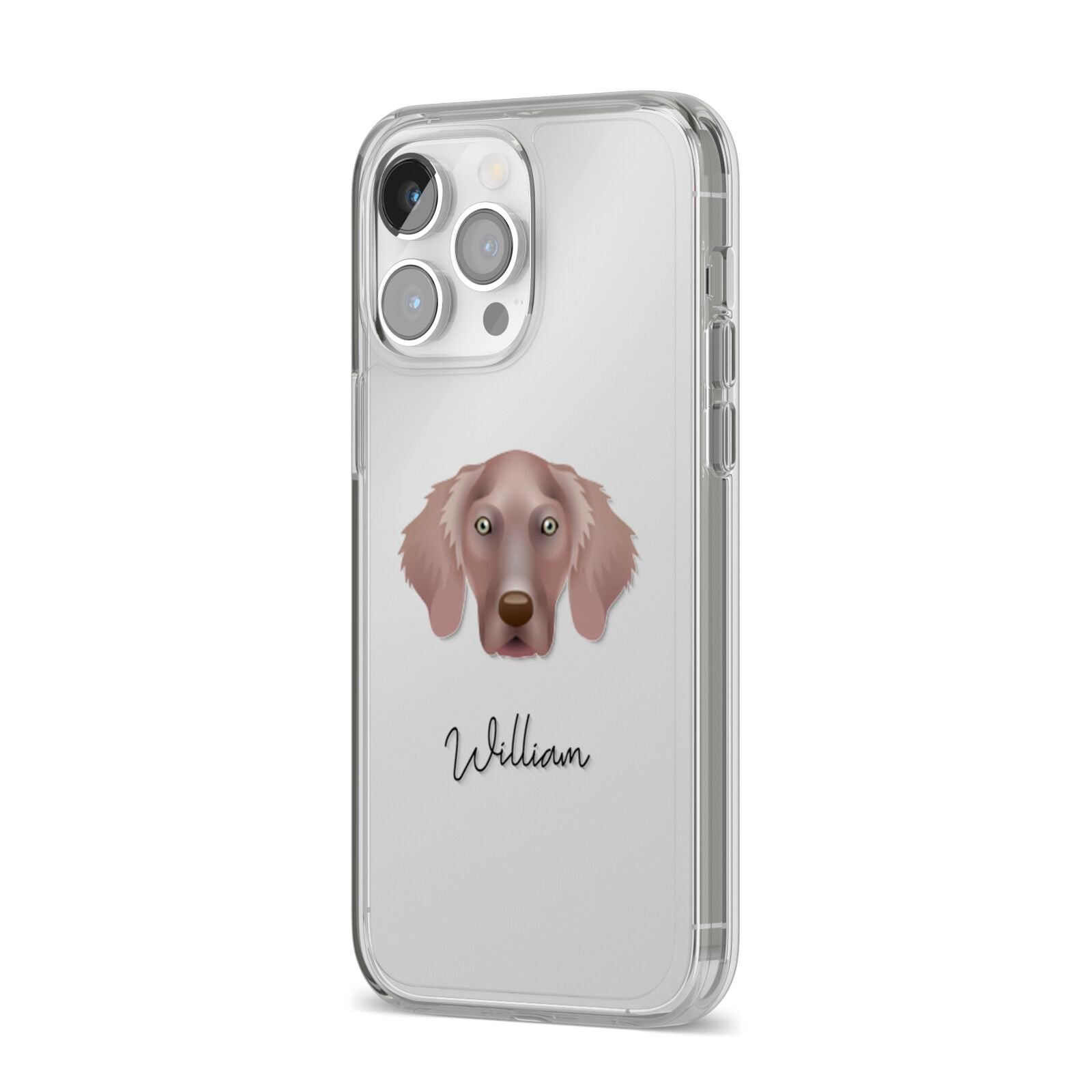 Weimaraner Personalised iPhone 14 Pro Max Clear Tough Case Silver Angled Image