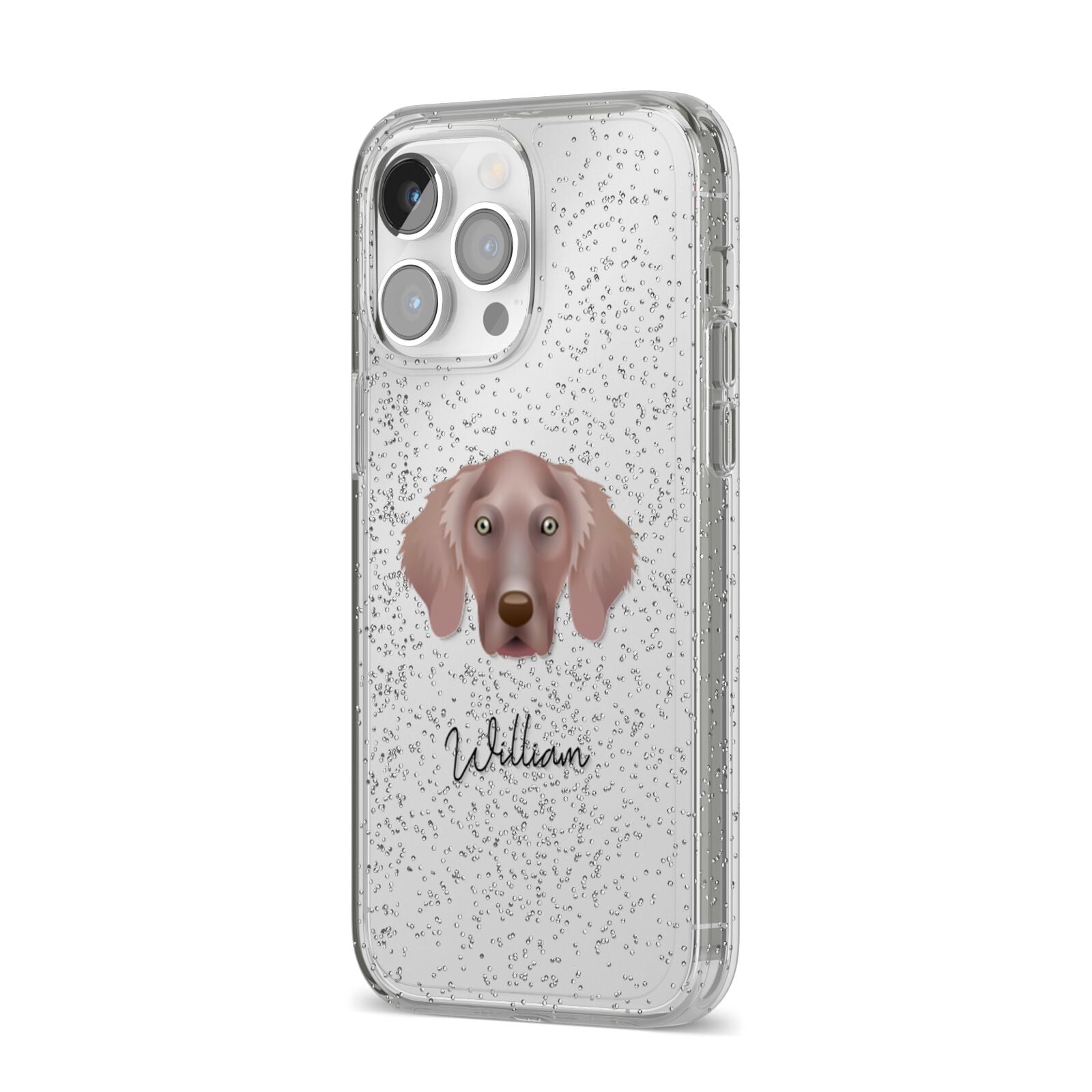 Weimaraner Personalised iPhone 14 Pro Max Glitter Tough Case Silver Angled Image