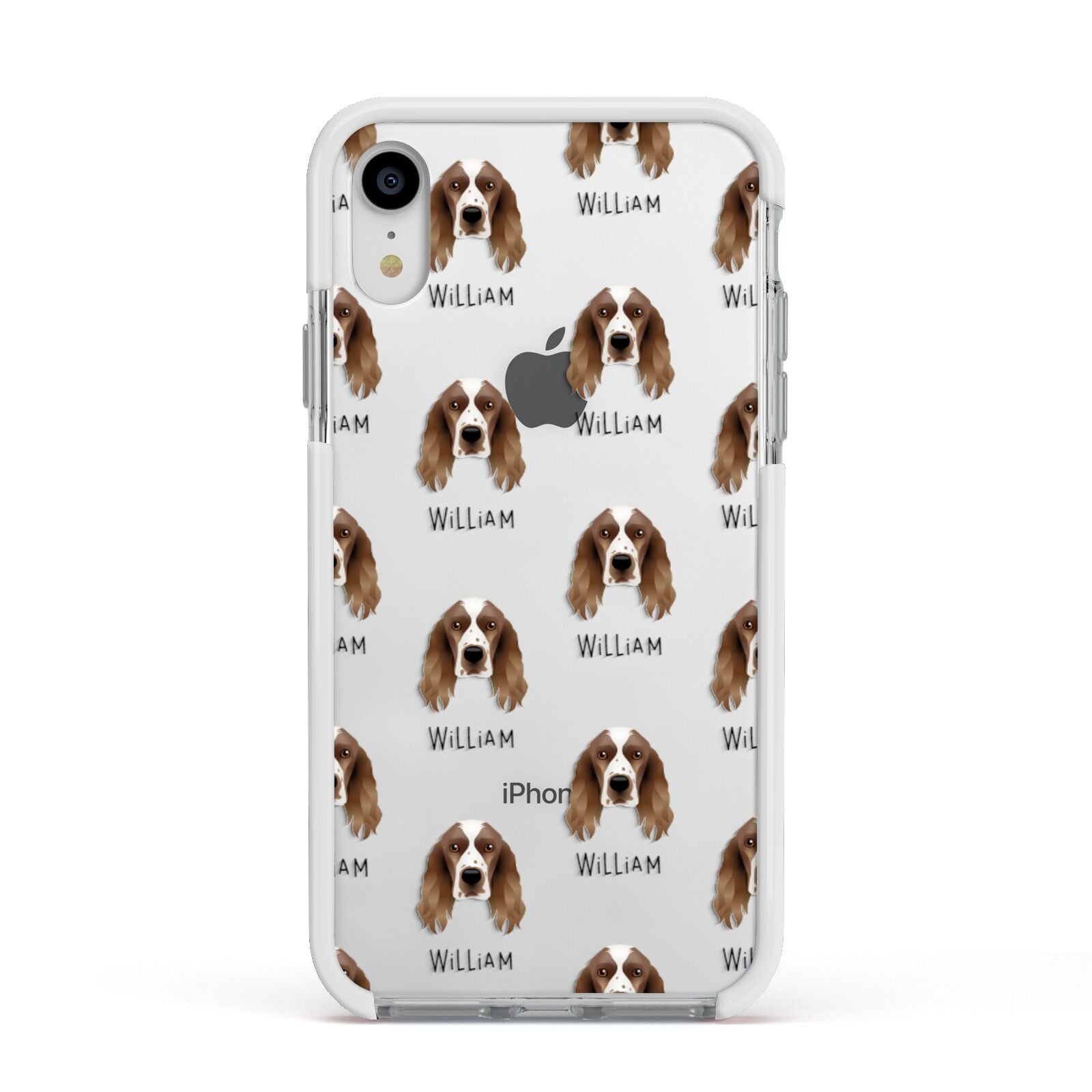 Welsh Springer Spaniel Icon with Name Apple iPhone XR Impact Case White Edge on Silver Phone