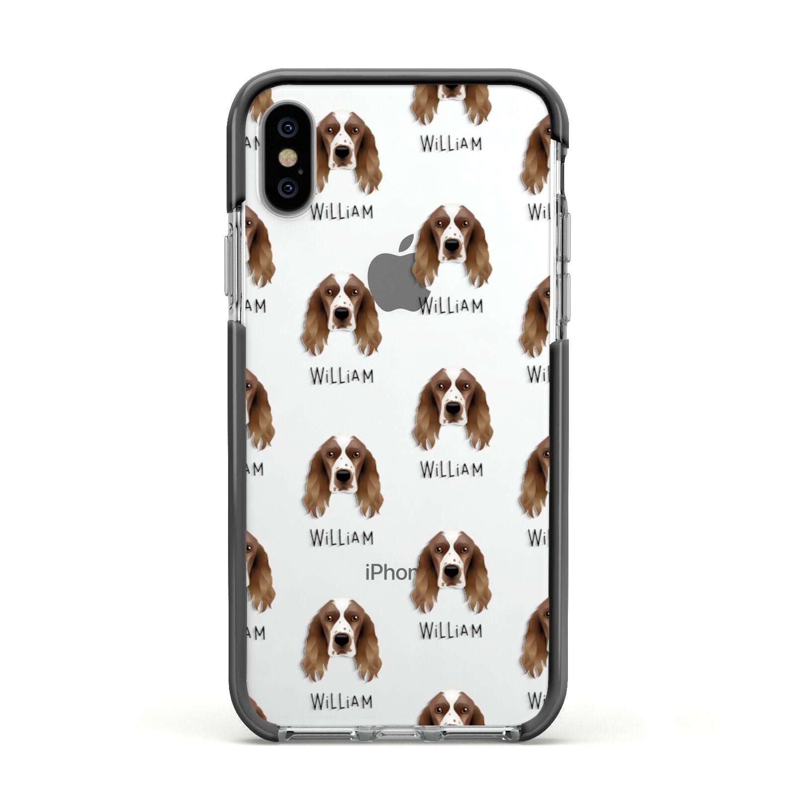 Welsh Springer Spaniel Icon with Name Apple iPhone Xs Impact Case Black Edge on Silver Phone