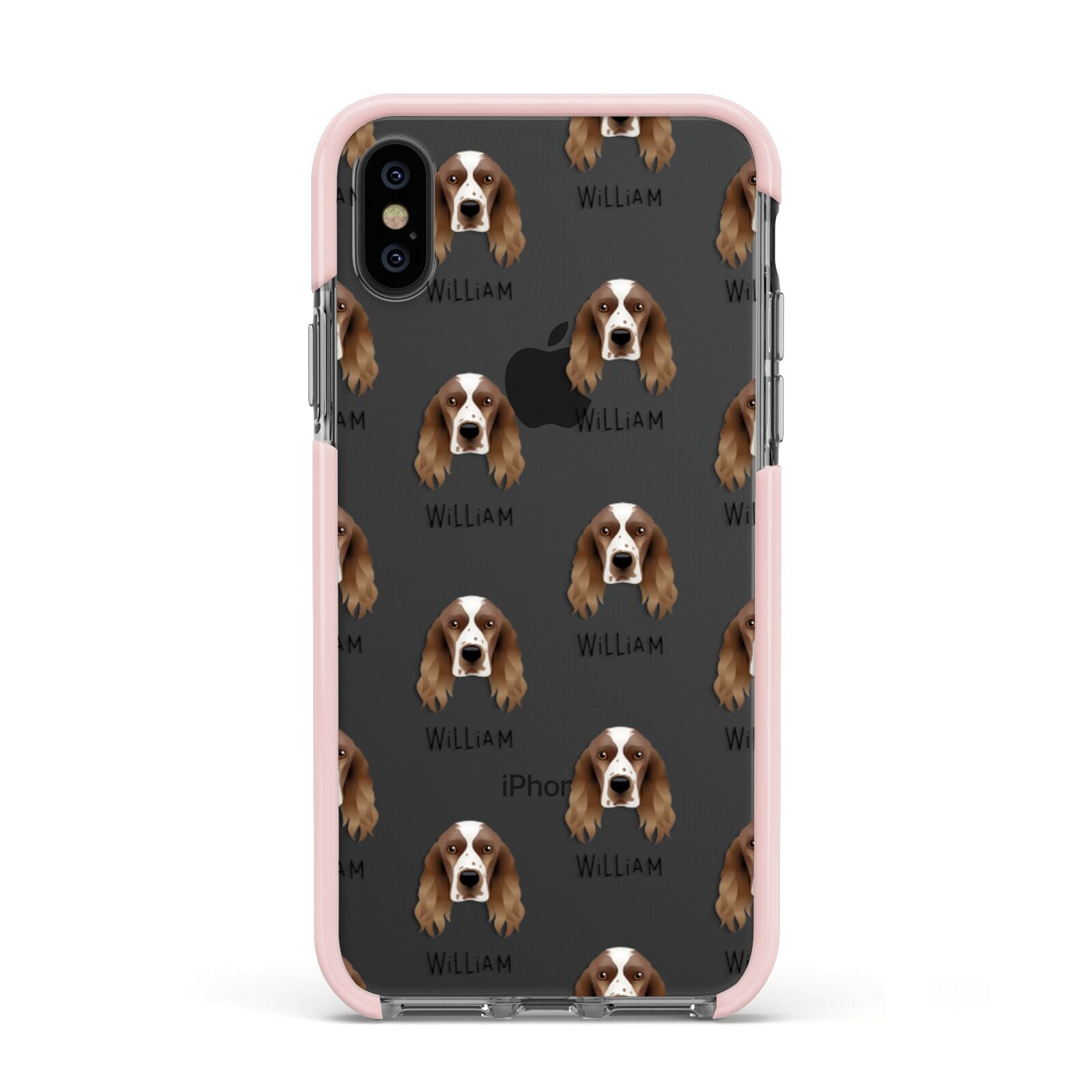 Welsh Springer Spaniel Icon with Name Apple iPhone Xs Impact Case Pink Edge on Black Phone