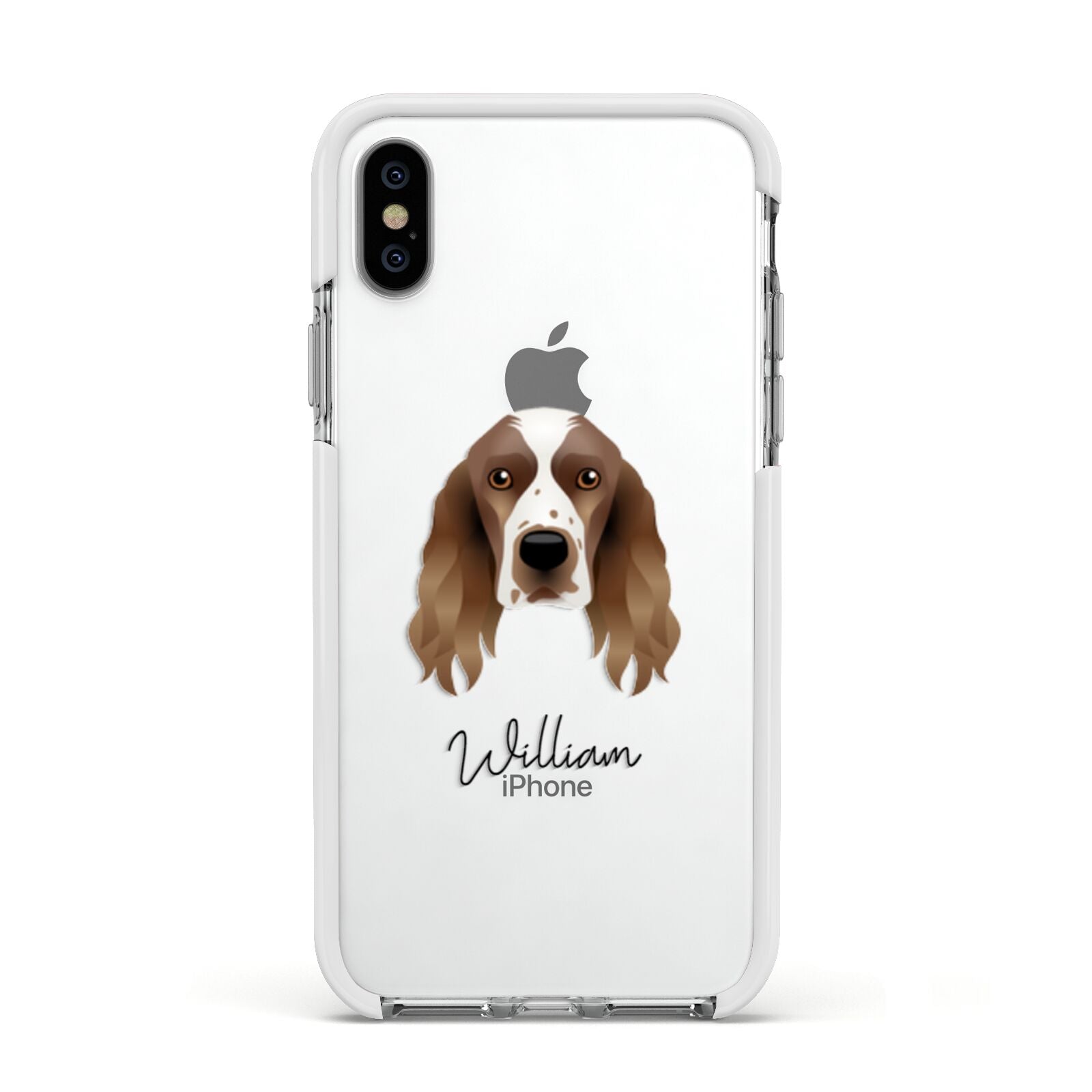 Welsh Springer Spaniel Personalised Apple iPhone Xs Impact Case White Edge on Silver Phone