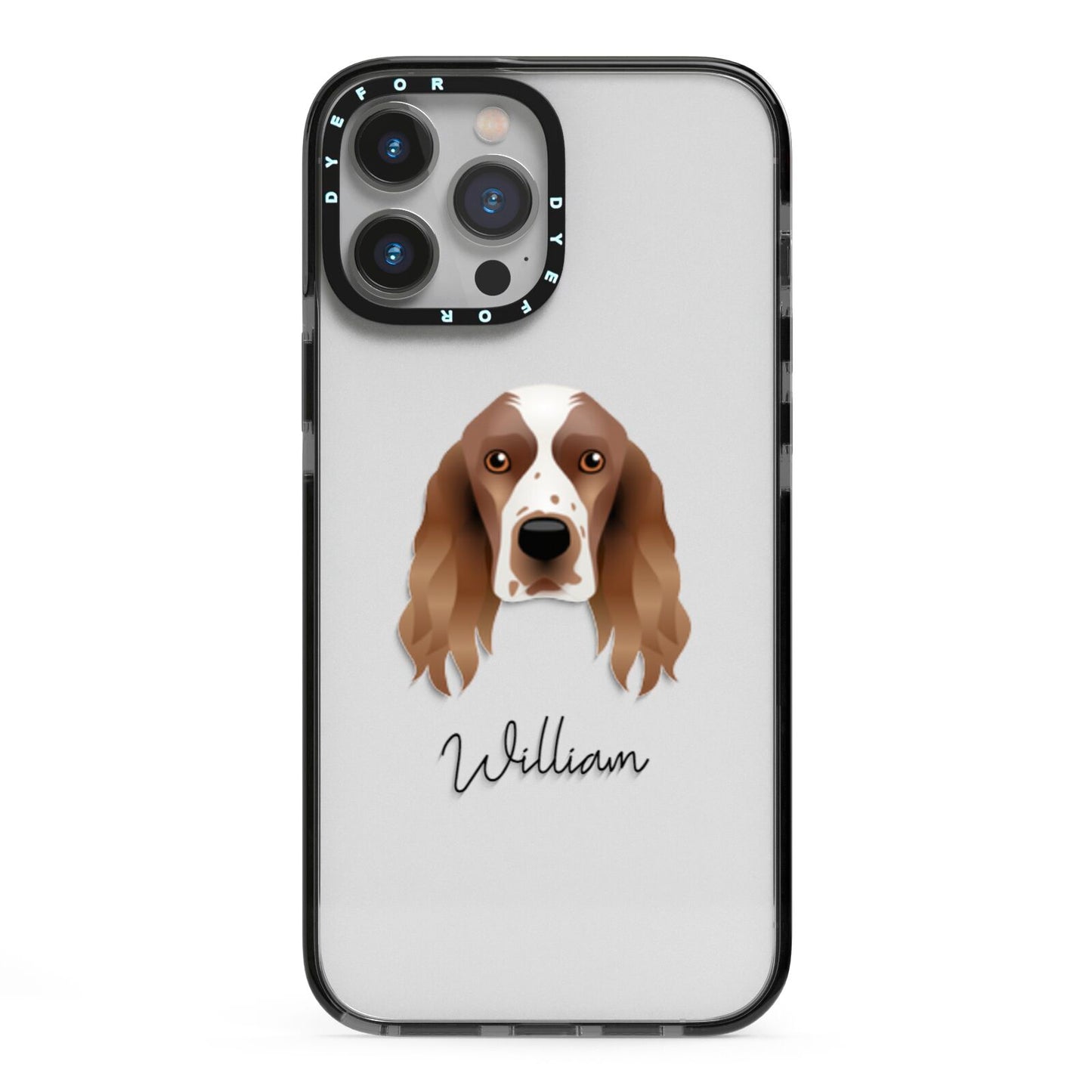 Welsh Springer Spaniel Personalised iPhone 13 Pro Max Black Impact Case on Silver phone