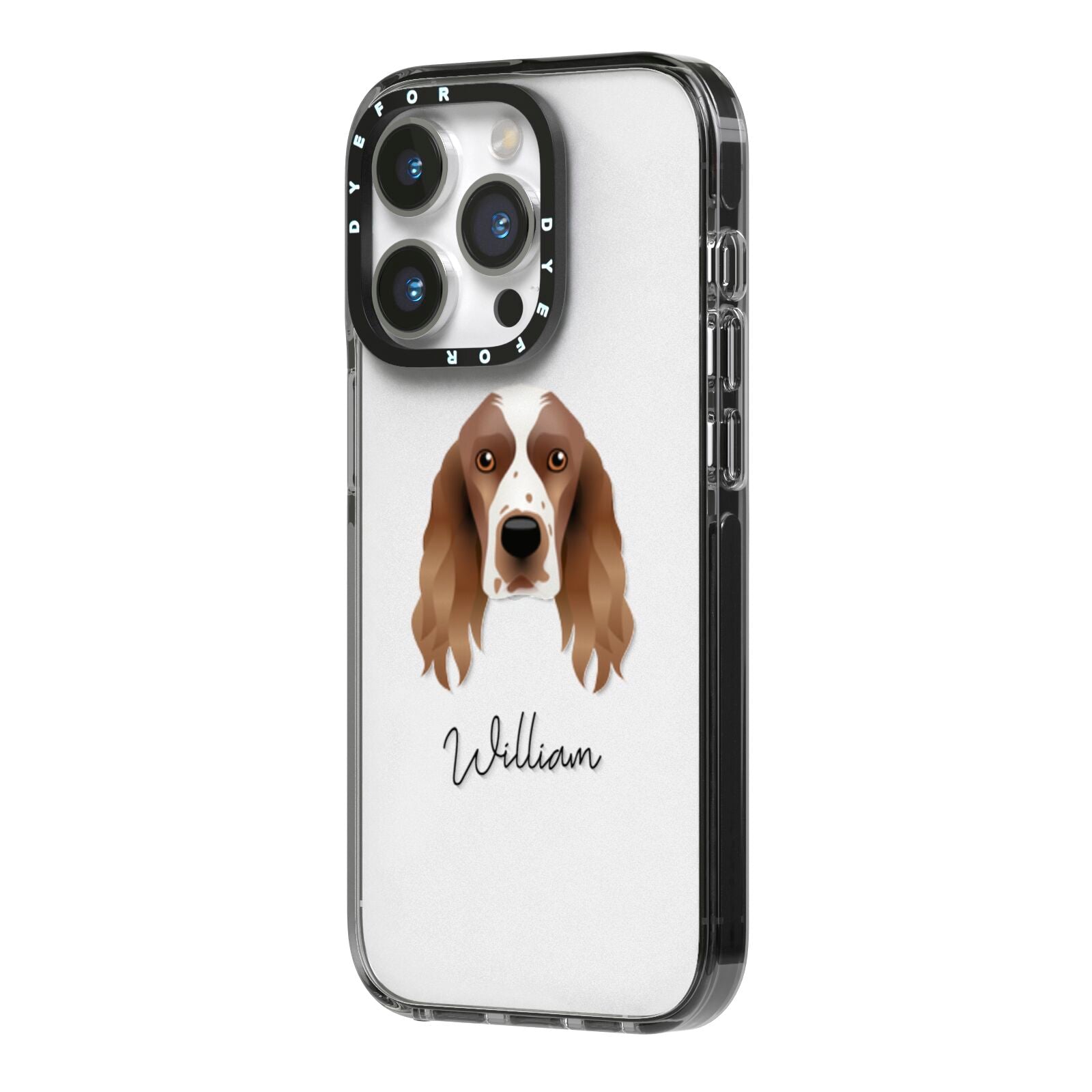 Welsh Springer Spaniel Personalised iPhone 14 Pro Black Impact Case Side Angle on Silver phone