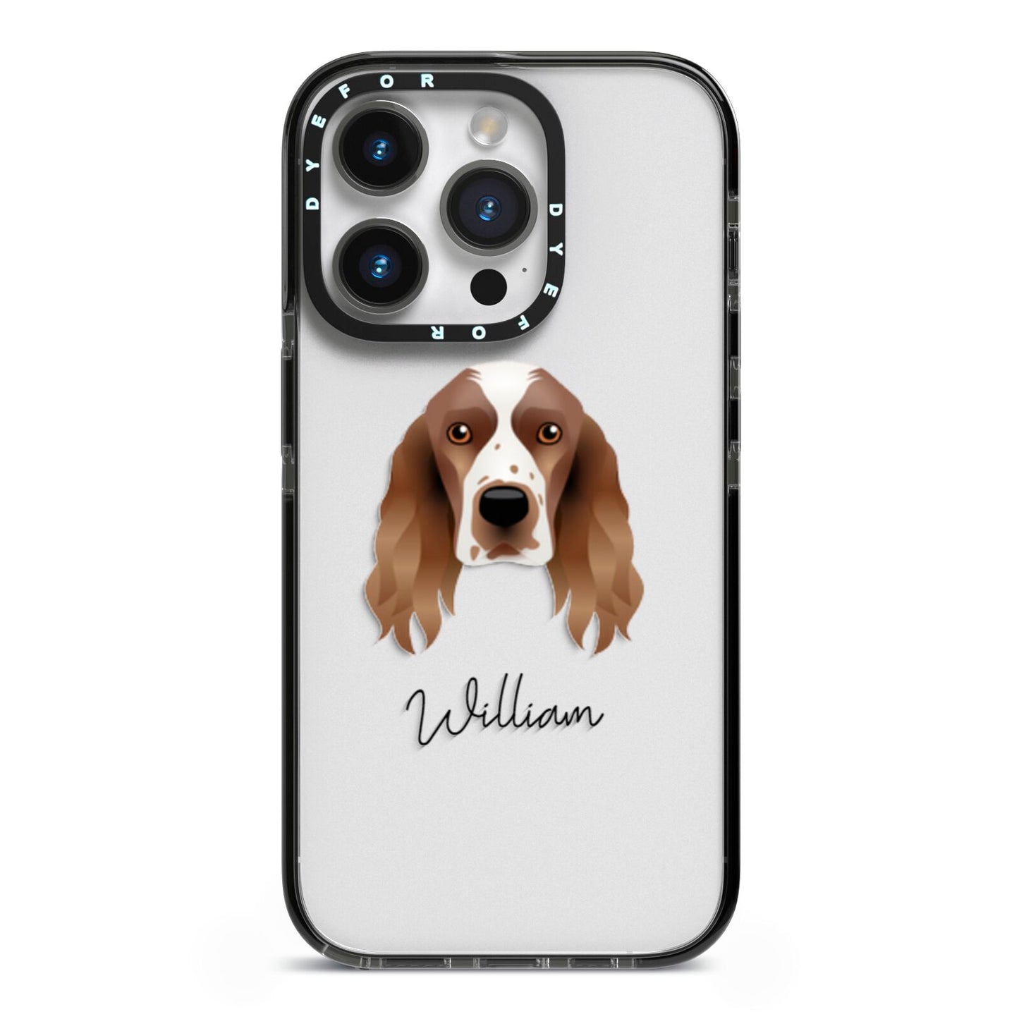 Welsh Springer Spaniel Personalised iPhone 14 Pro Black Impact Case on Silver phone