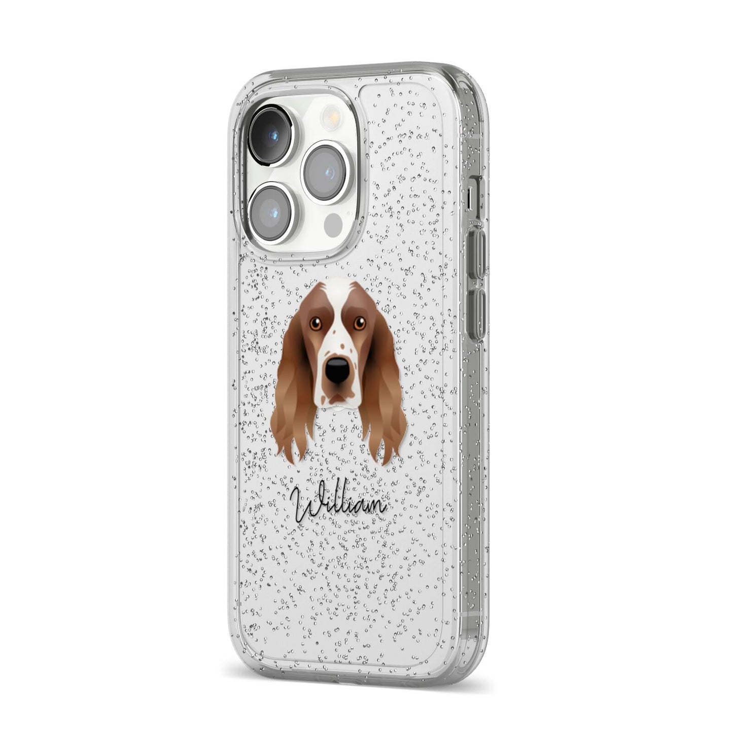 Welsh Springer Spaniel Personalised iPhone 14 Pro Glitter Tough Case Silver Angled Image