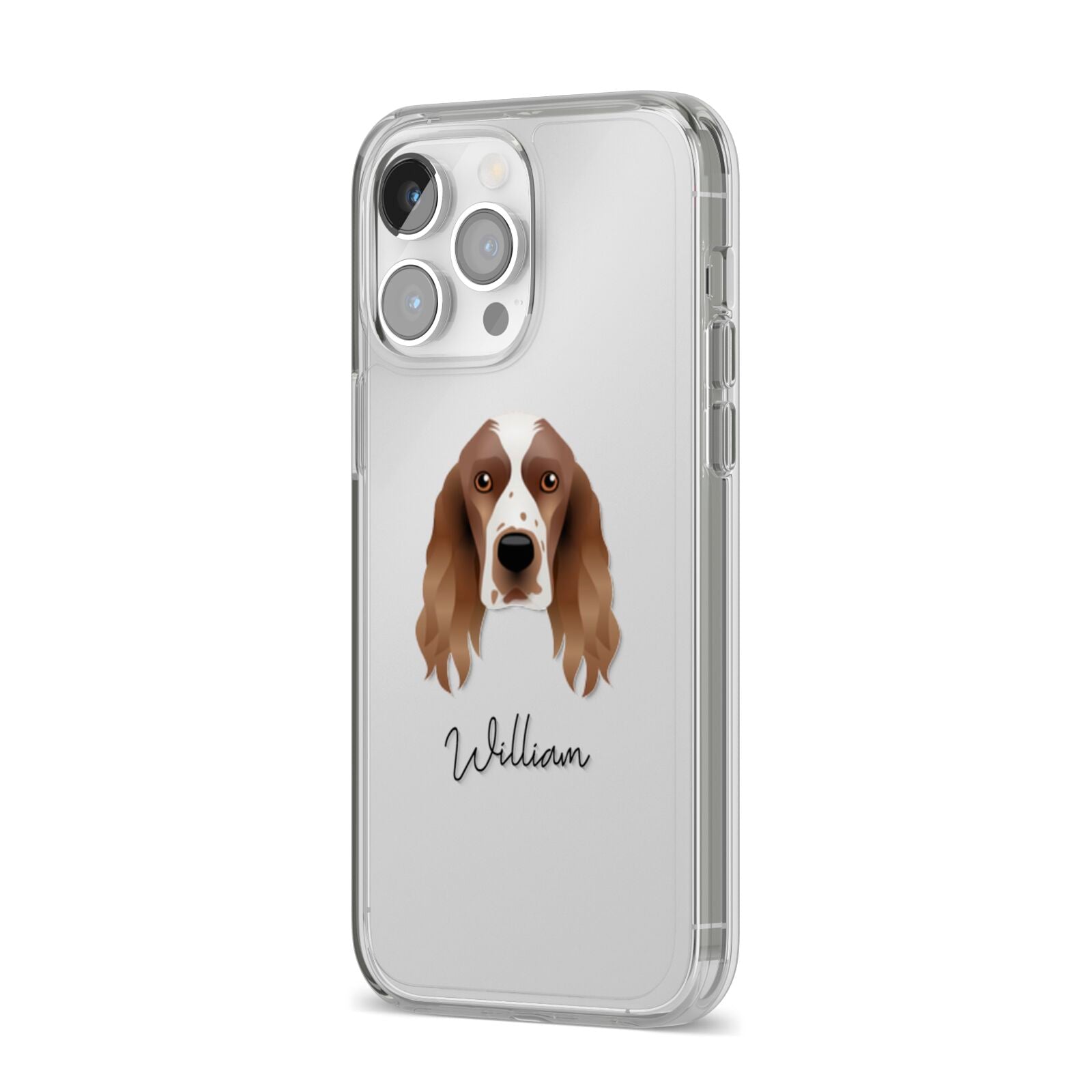 Welsh Springer Spaniel Personalised iPhone 14 Pro Max Clear Tough Case Silver Angled Image