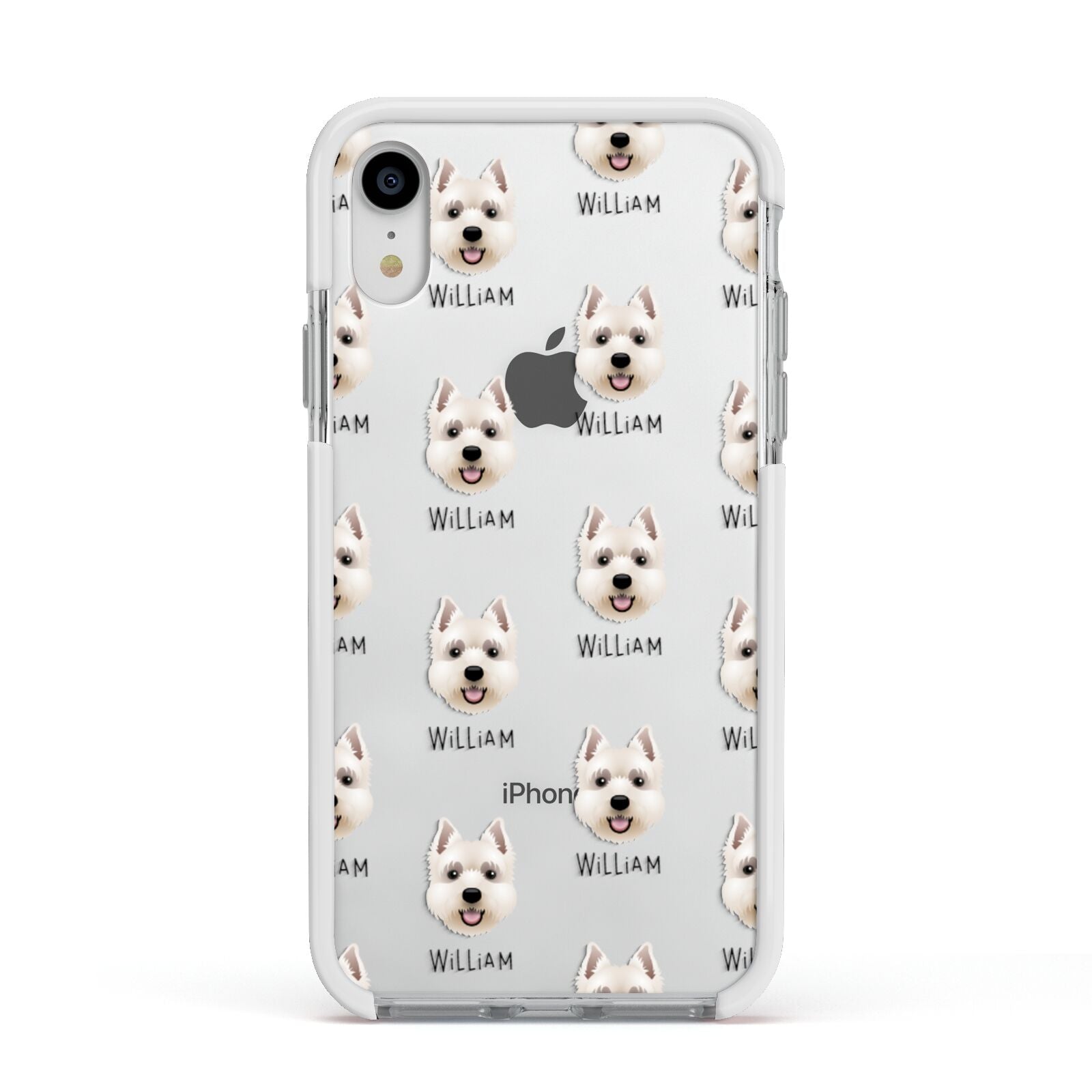 West Highland White Terrier Icon with Name Apple iPhone XR Impact Case White Edge on Silver Phone
