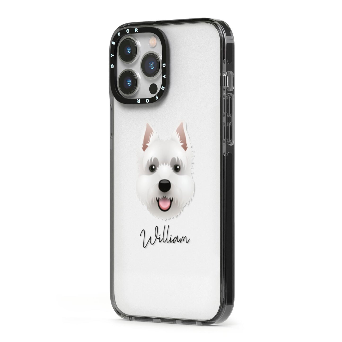 West Highland White Terrier Personalised iPhone 13 Pro Max Black Impact Case Side Angle on Silver phone