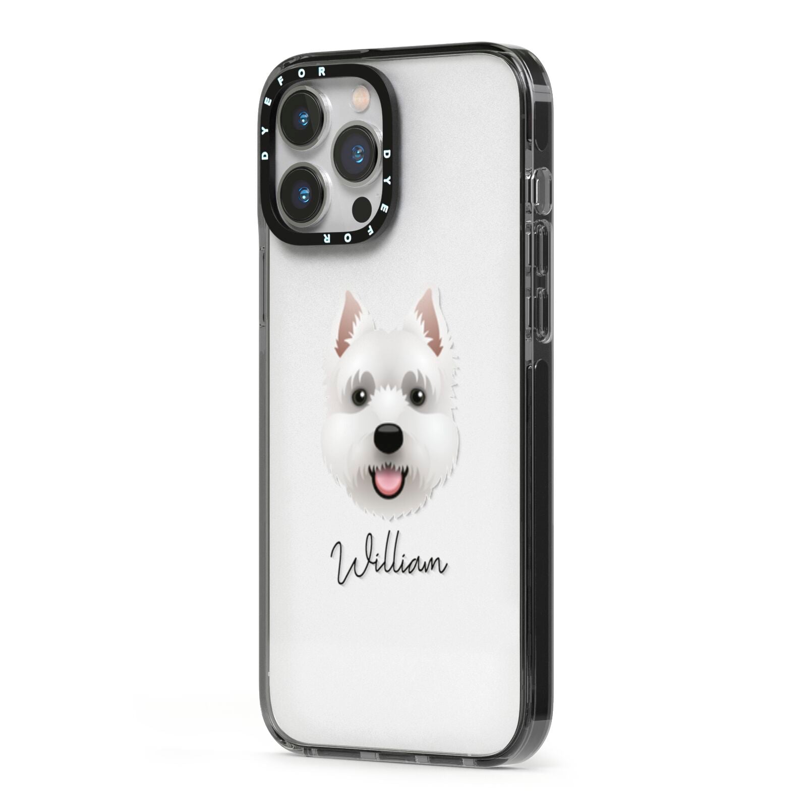 West Highland White Terrier Personalised iPhone 13 Pro Max Black Impact Case Side Angle on Silver phone