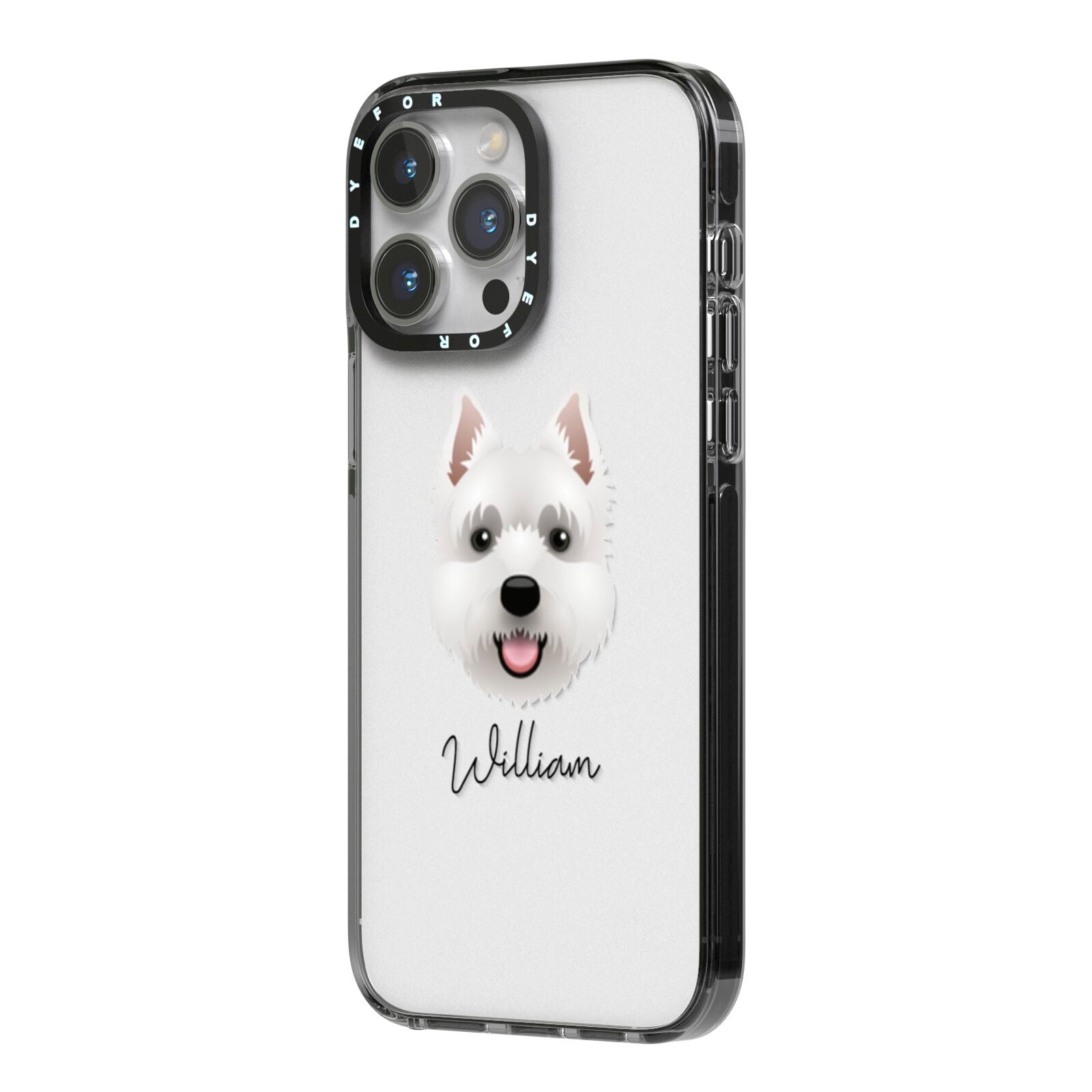 West Highland White Terrier Personalised iPhone 14 Pro Max Black Impact Case Side Angle on Silver phone