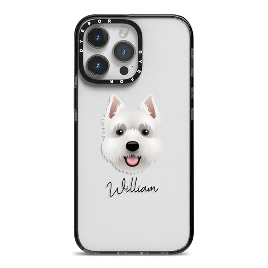 West Highland White Terrier Personalised iPhone 14 Pro Max Black Impact Case on Silver phone