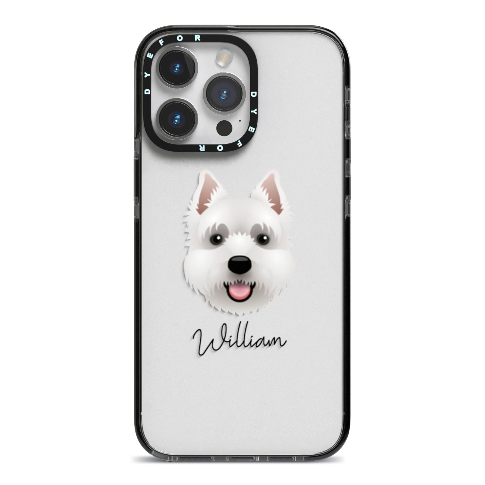 West Highland White Terrier Personalised iPhone 14 Pro Max Black Impact Case on Silver phone