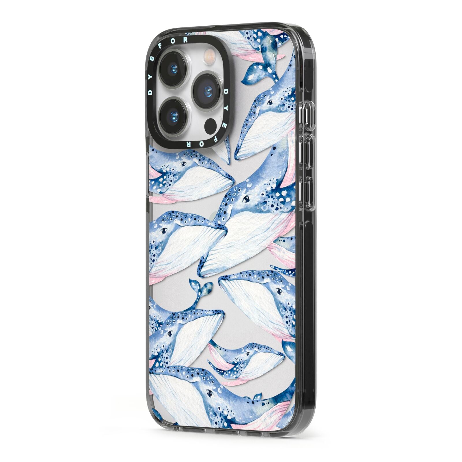 Whale iPhone 13 Pro Black Impact Case Side Angle on Silver phone