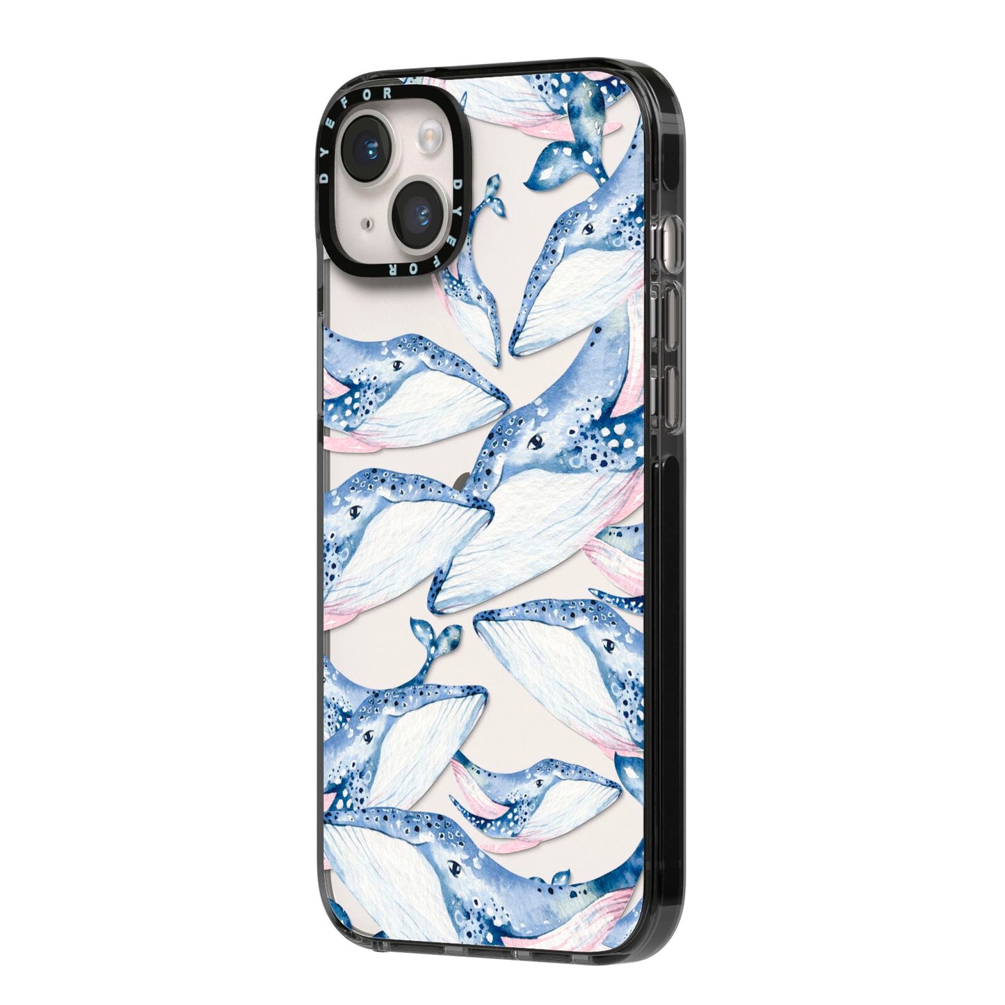 Whale iPhone 14 Plus Black Impact Case Side Angle on Silver phone