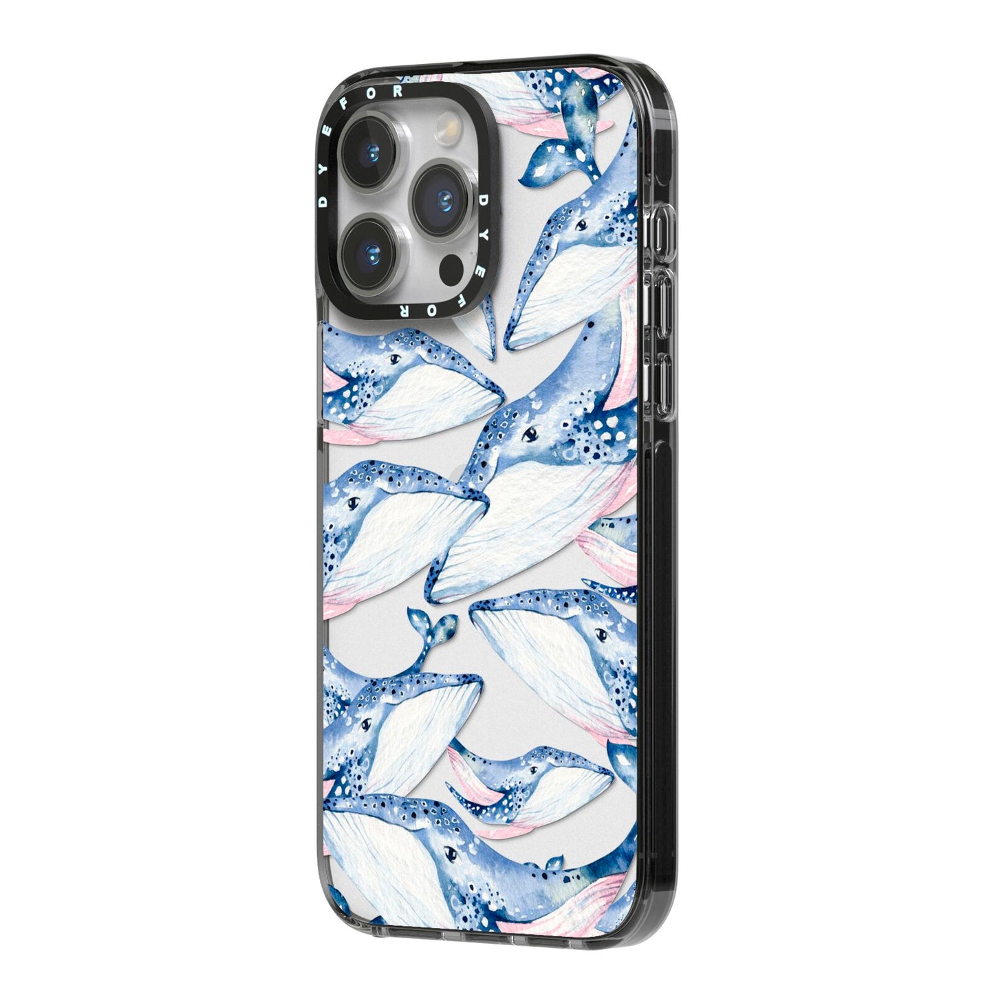 Whale iPhone 14 Pro Max Black Impact Case Side Angle on Silver phone