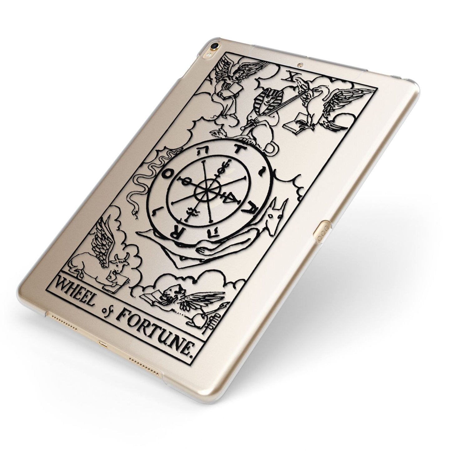Wheel of Fortune Monochrome Tarot Card Apple iPad Case on Gold iPad Side View