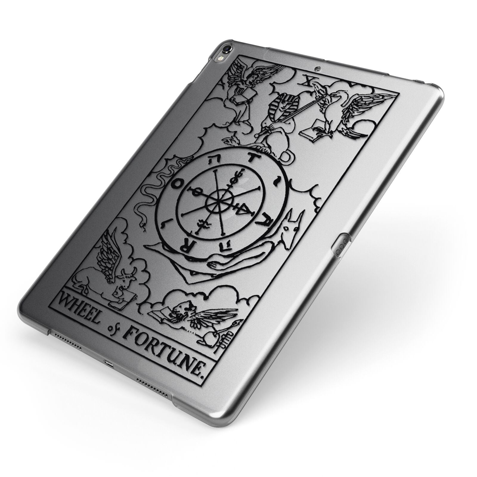 Wheel of Fortune Monochrome Tarot Card Apple iPad Case on Grey iPad Side View